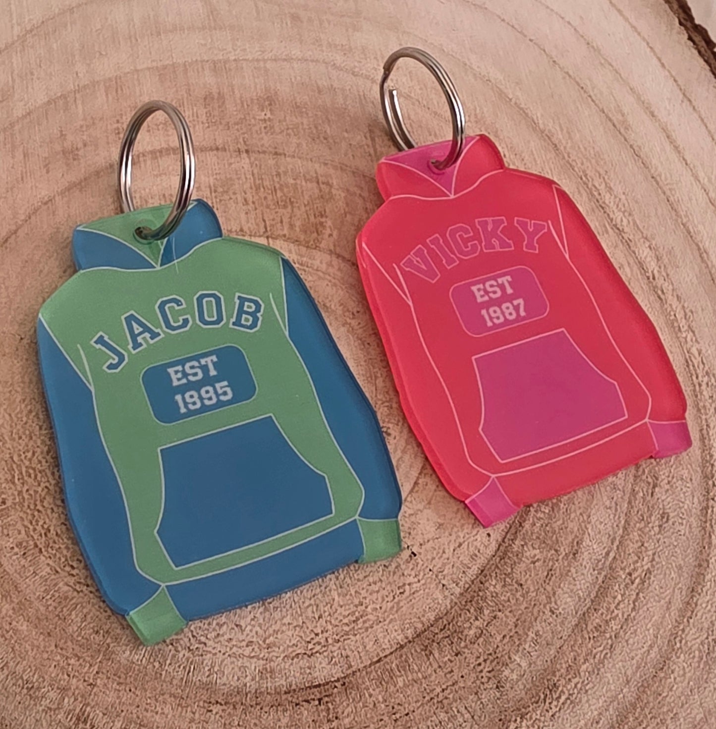 Personalised Birth Year & Name Varsity Style Hoodie Keyring key chain, any name, year