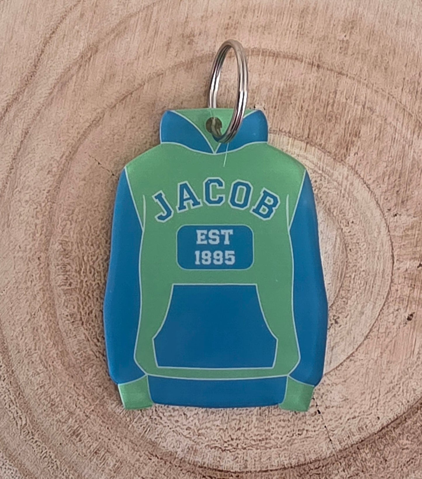 Personalised Birth Year & Name Varsity Style Hoodie Keyring key chain, any name, year