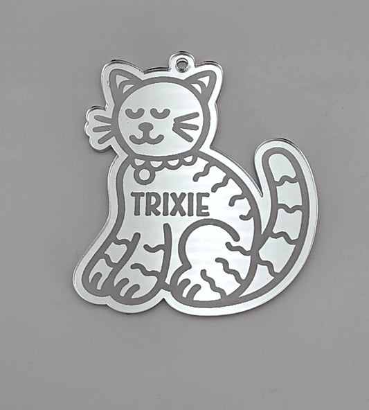 Personalised Cat Bauble, Mirror Acrylic Pet Decoration, Christmas Tree Ornament, Silver Gold Rose Gold Pink Engraved Gift