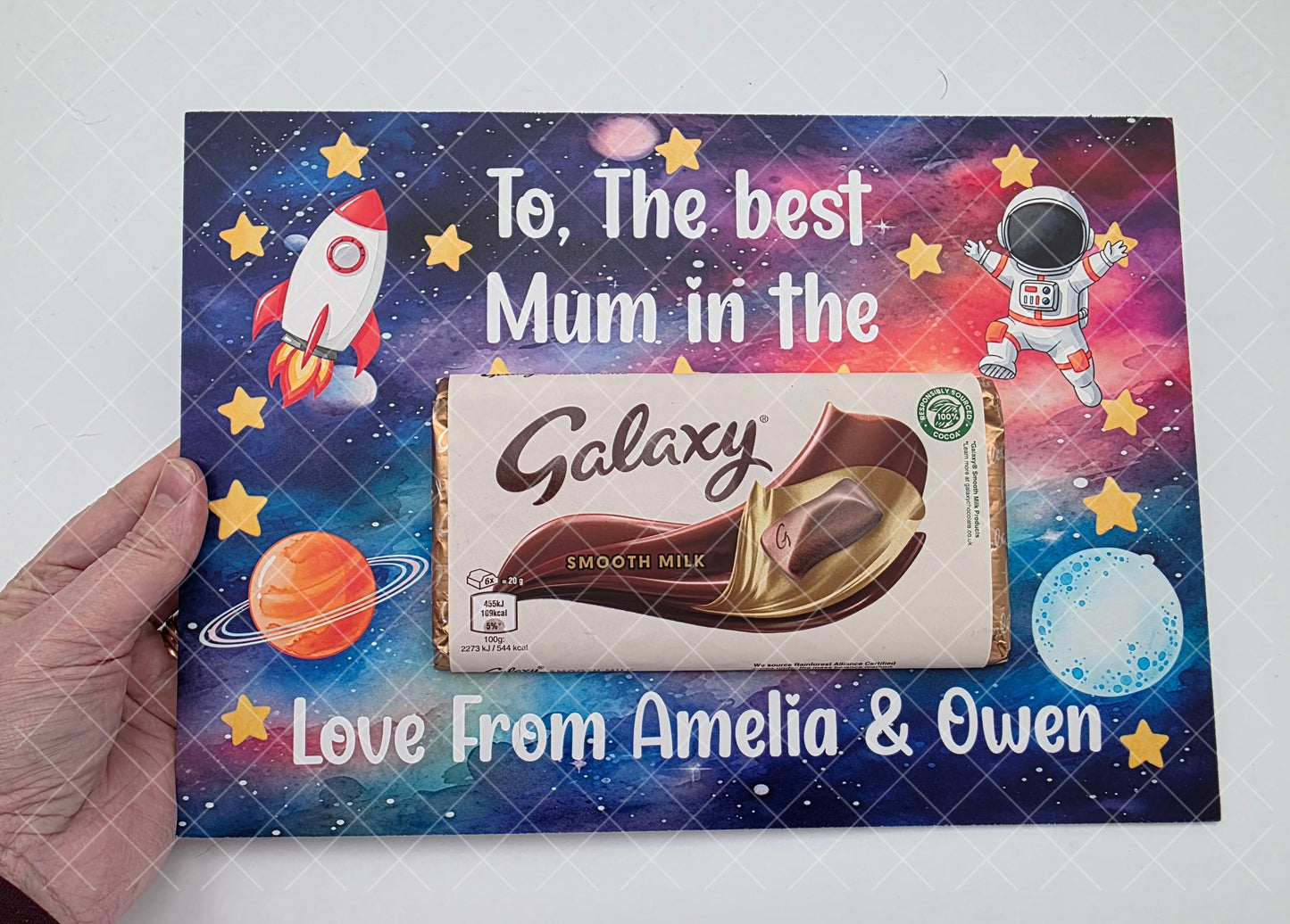 Mother’s Day / Fathers Day Galaxy Chocolate Board Gift – A4 or A5 – Mum / Dad / Gran / Grandad Keepsake Plaque with Optional Chocolate