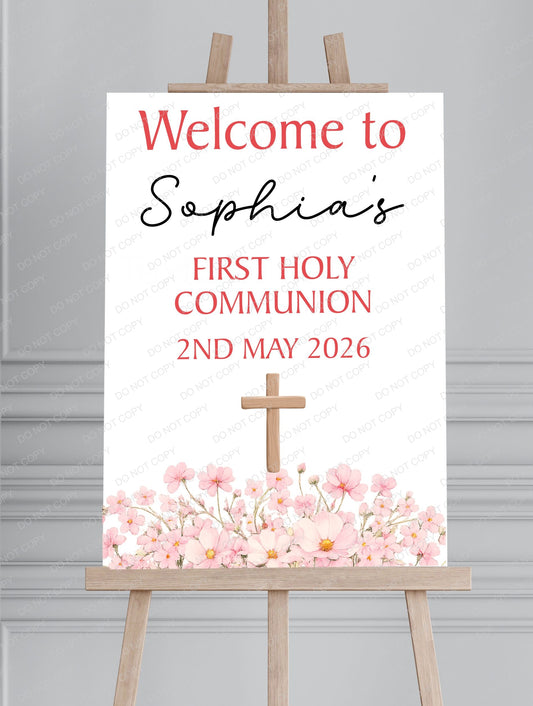 Personalised First Holy Communion/Baptism/Christening Welcome Sign, Custom Communion Board, Pink or Blue Floral Sign, Church Welcome Board, Christening Sign, A5 A4 A3 A2