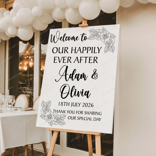 Minimalist Floral Line Art Personalised Wedding Welcome Sign, Custom Name & Date | Party Entrance Sign