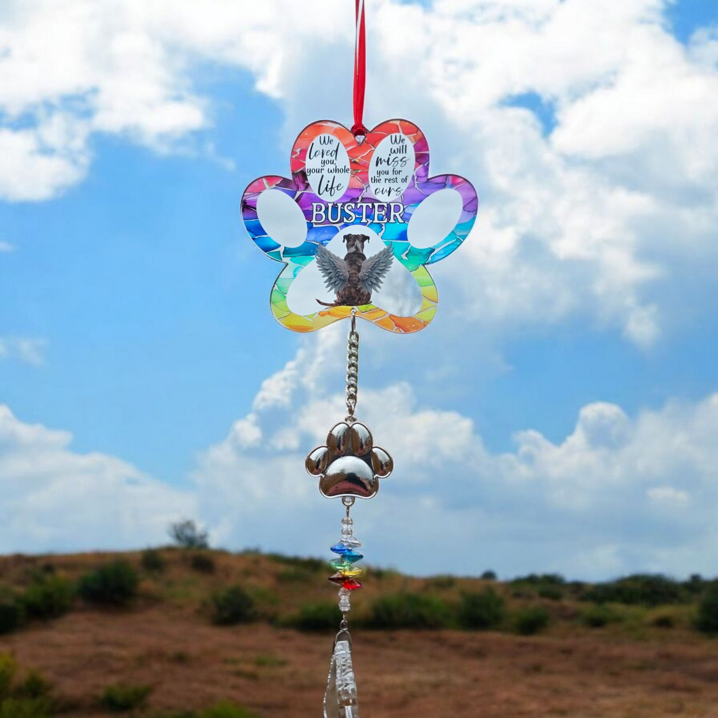 Stained Glass Effect Dog Memorial Suncatcher | Personalised Pet Loss Gift | Rainbow Bridge Remembrance | Hanging Paw Charm | Multiple Breeds
