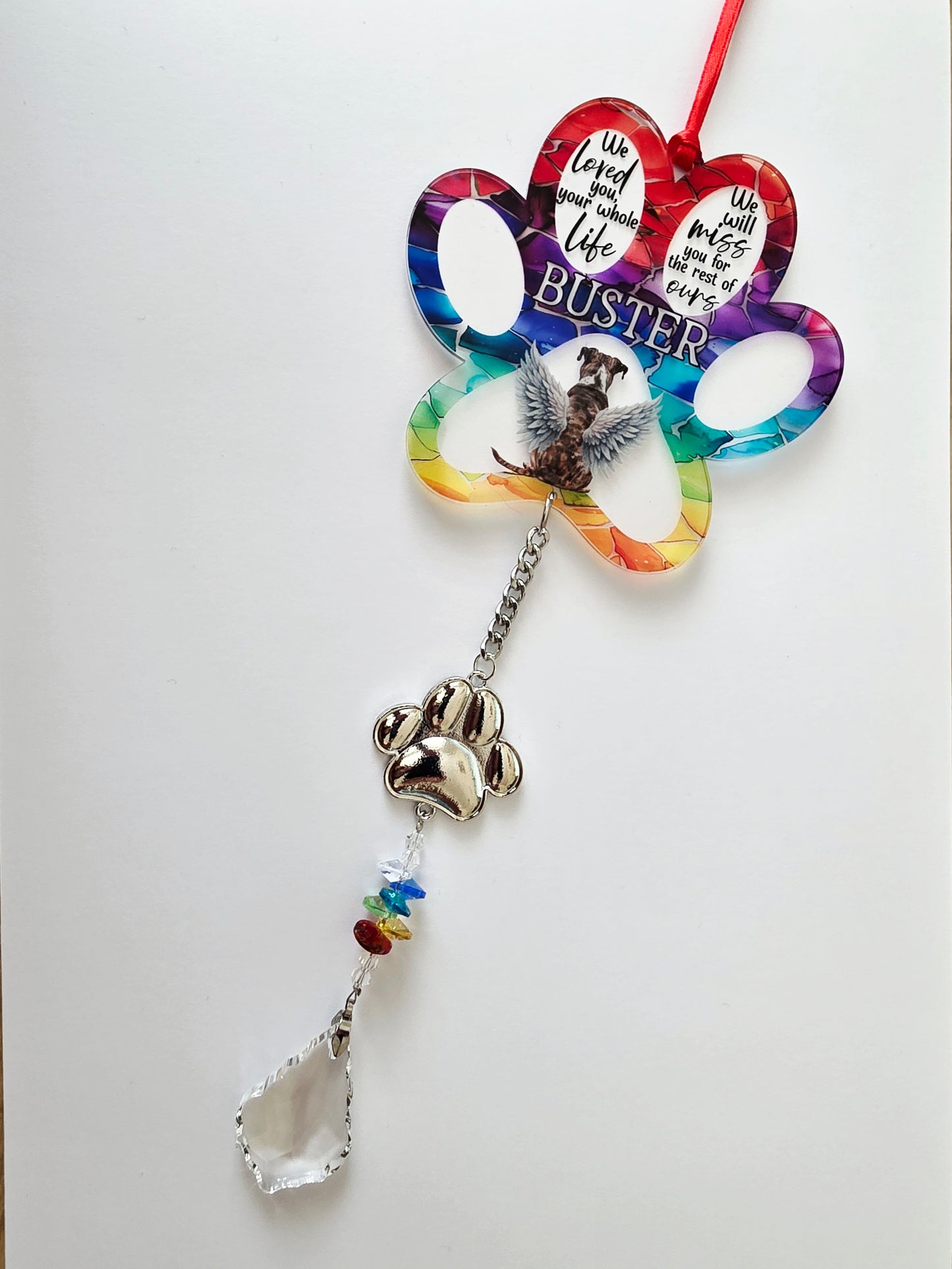 Stained Glass Effect Dog Memorial Suncatcher | Personalised Pet Loss Gift | Rainbow Bridge Remembrance | Hanging Paw Charm | Multiple Breeds