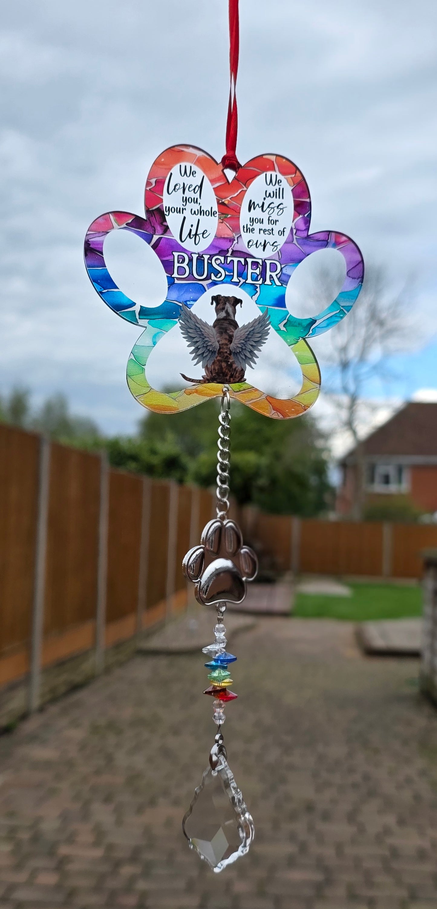 Stained Glass Effect Dog Memorial Suncatcher | Personalised Pet Loss Gift | Rainbow Bridge Remembrance | Hanging Paw Charm | Multiple Breeds