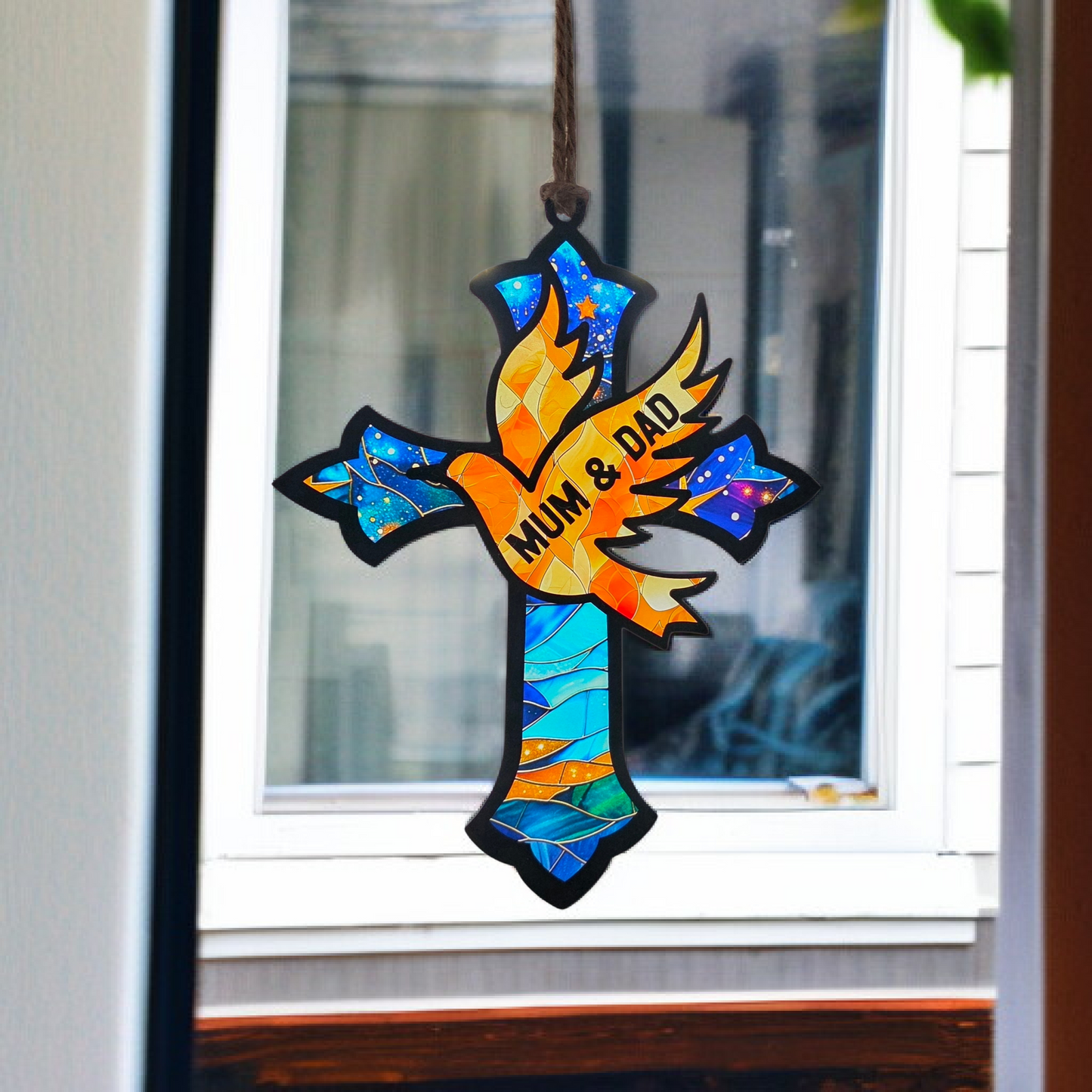Personalised Stained Glass Effect Cross & Dove Acrylic Decoration, Christian Gift, Memorial, Baptism, Christening Keepsake