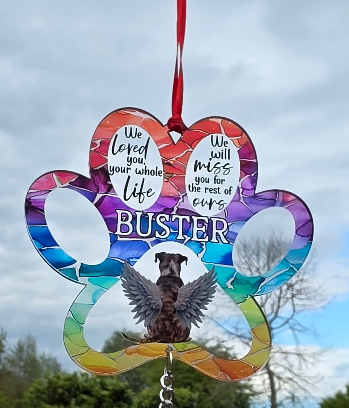Stained Glass Effect Dog Memorial Suncatcher | Personalised Pet Loss Gift | Rainbow Bridge Remembrance | Hanging Paw Charm | Multiple Breeds
