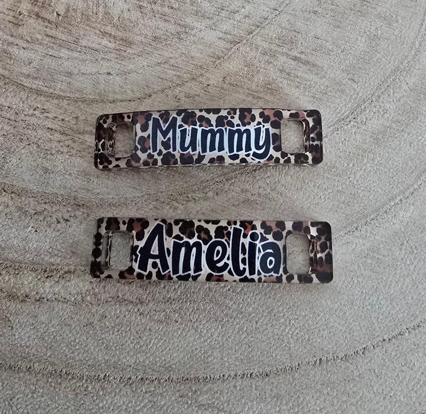 Trainer Tags Pair, Show Tags, Full Colour, Personalised with any name, Leopard Print, Runner Tags, Sneaker Tags - Thistle Barn Creations