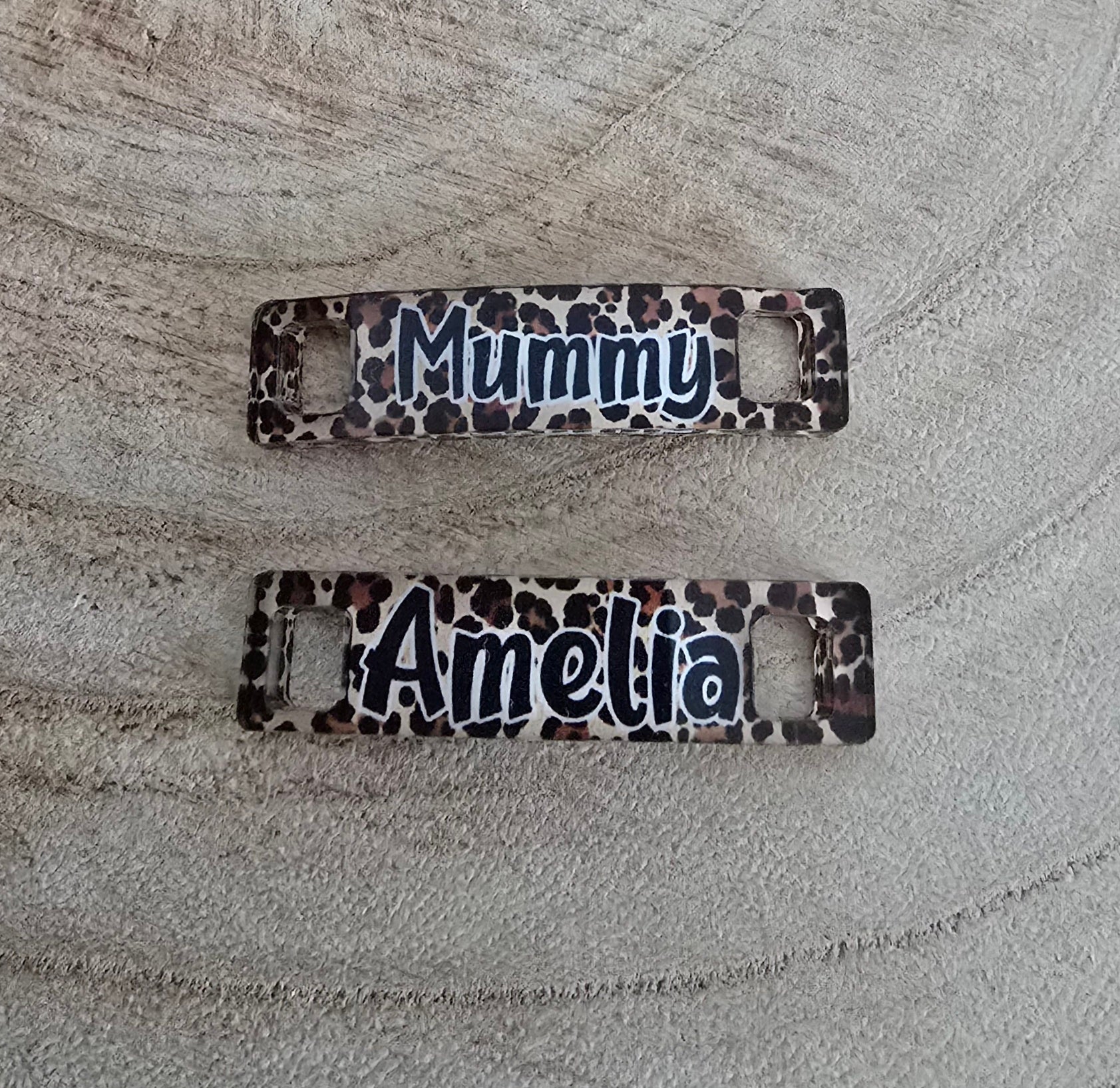 Trainer Tags Pair, Show Tags, Full Colour, Personalised with any name, Leopard Print, Runner Tags, Sneaker Tags - Thistle Barn Creations