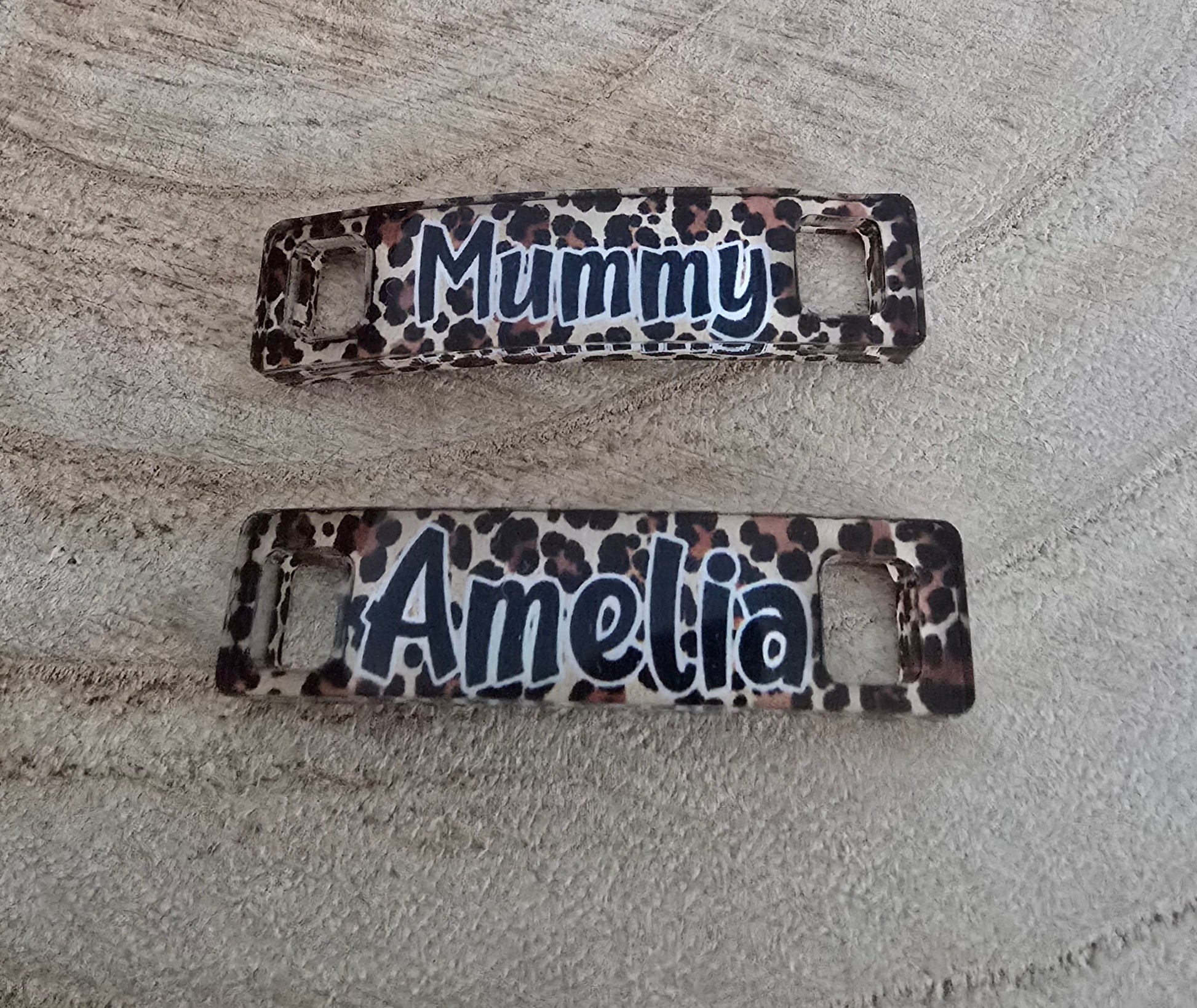 Trainer Tags Pair, Show Tags, Full Colour, Personalised with any name, Leopard Print, Runner Tags, Sneaker Tags - Thistle Barn Creations