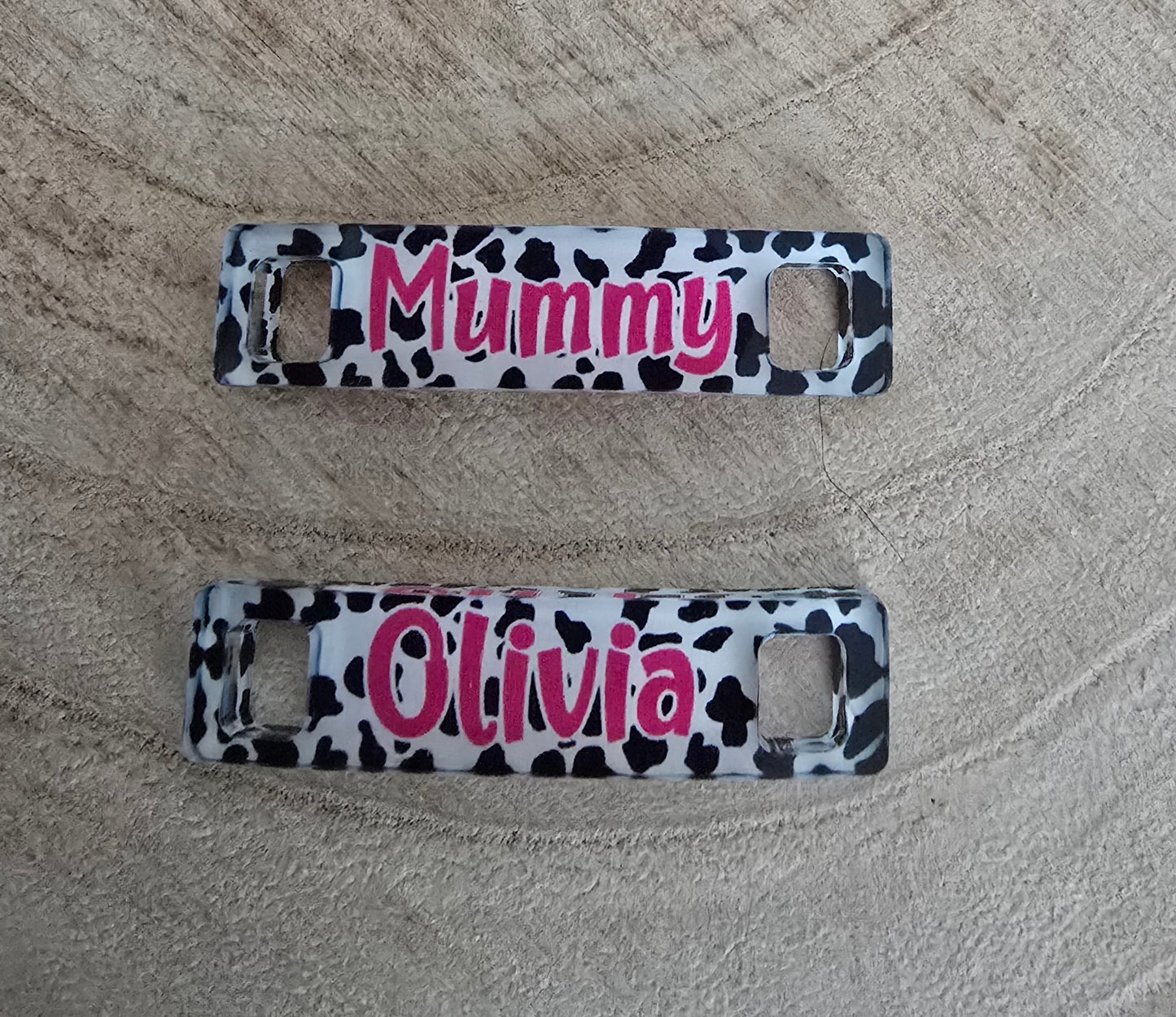 Trainer Tags Pair, Show Tags, Full Colour, Personalised with any name, Cow Print, Runner Tags, Sneaker Tags - Thistle Barn Creations