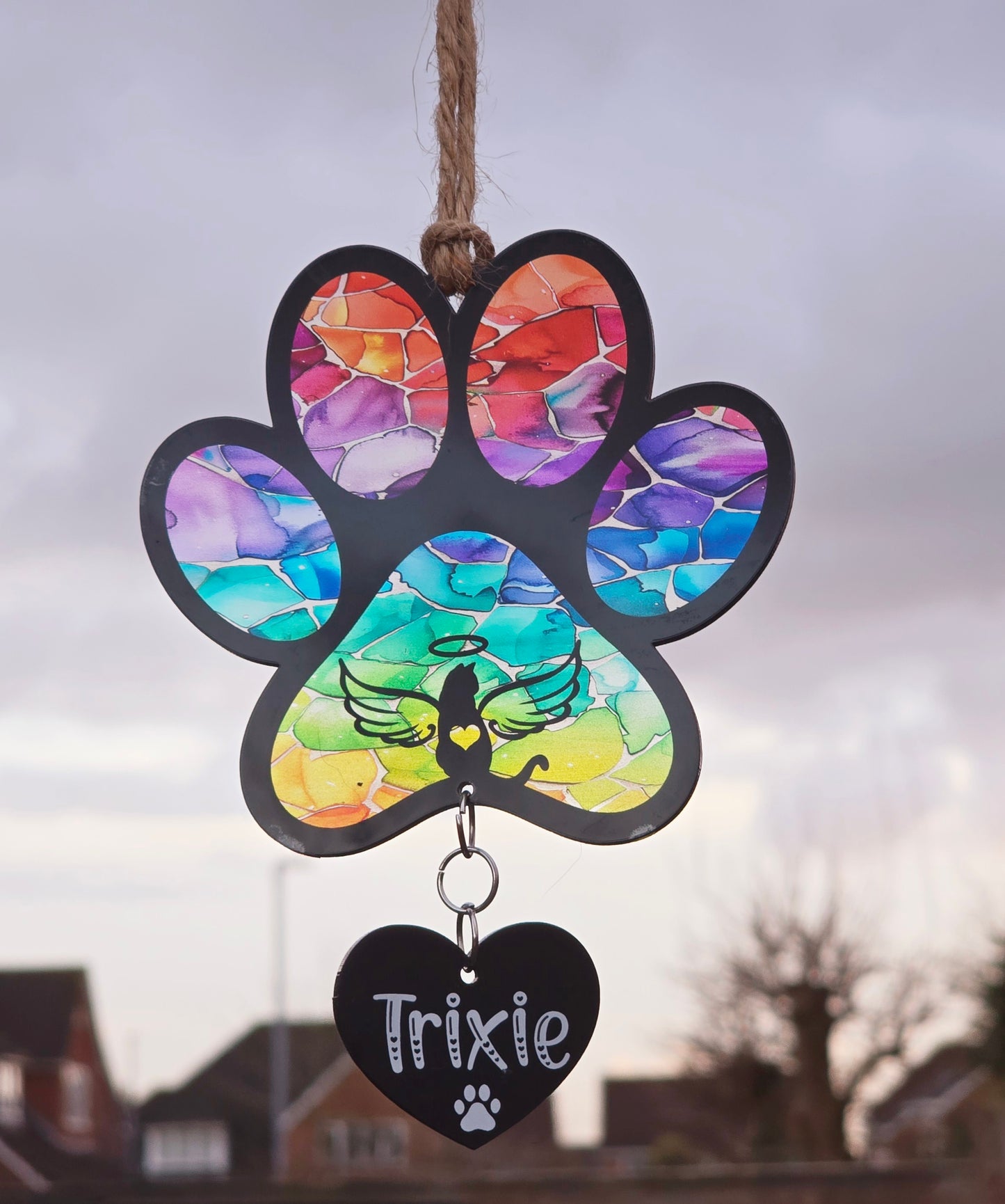 Hanging Stained Glass effect / Suncatcher Cat Rainbow Bridge Memorial