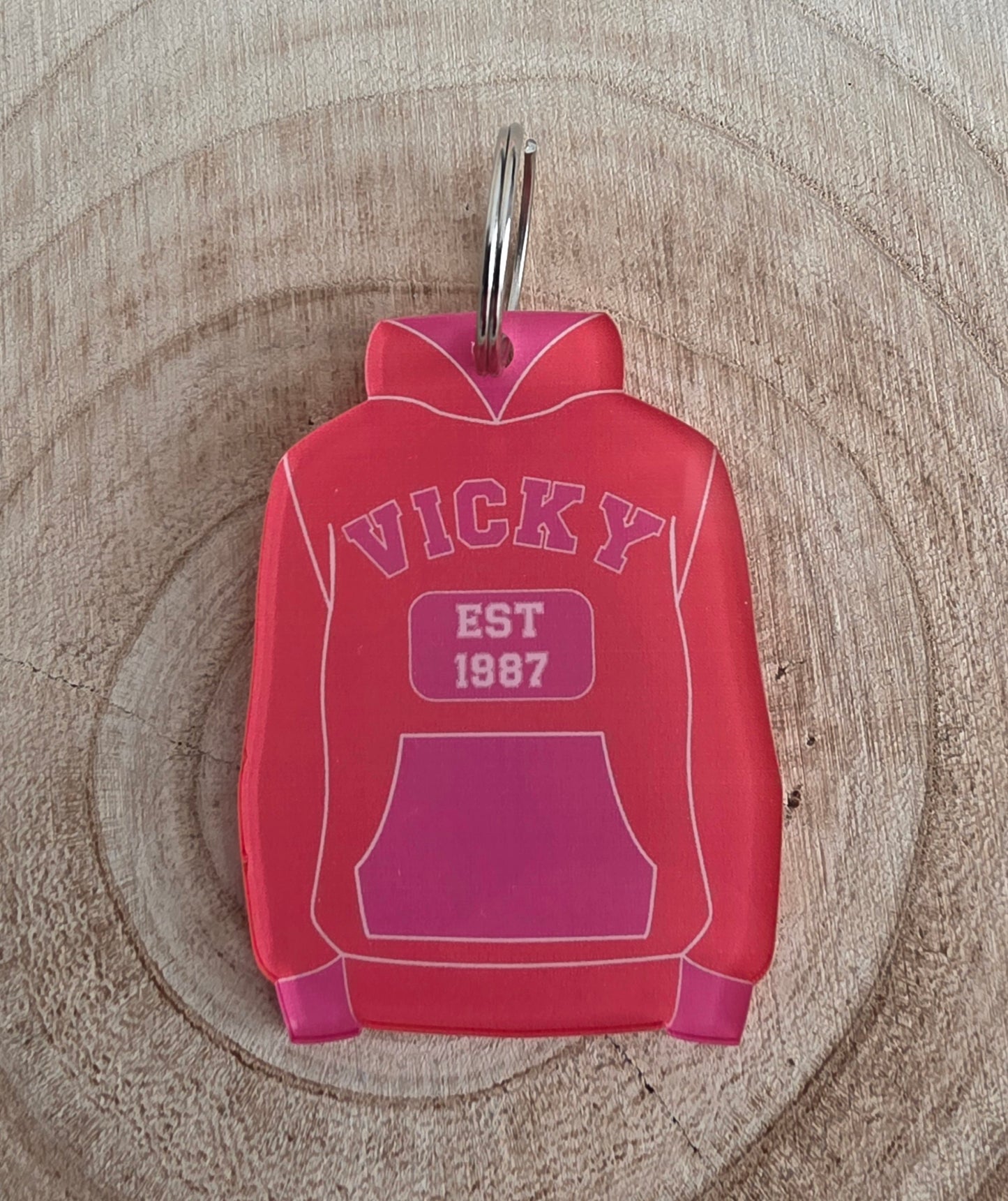 Personalised Birth Year & Name Varsity Style Hoodie Keyring key chain, any name, year