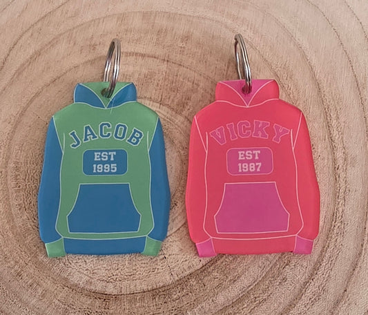 Personalised Birth Year & Name Varsity Style Hoodie Keyring key chain, any name, year