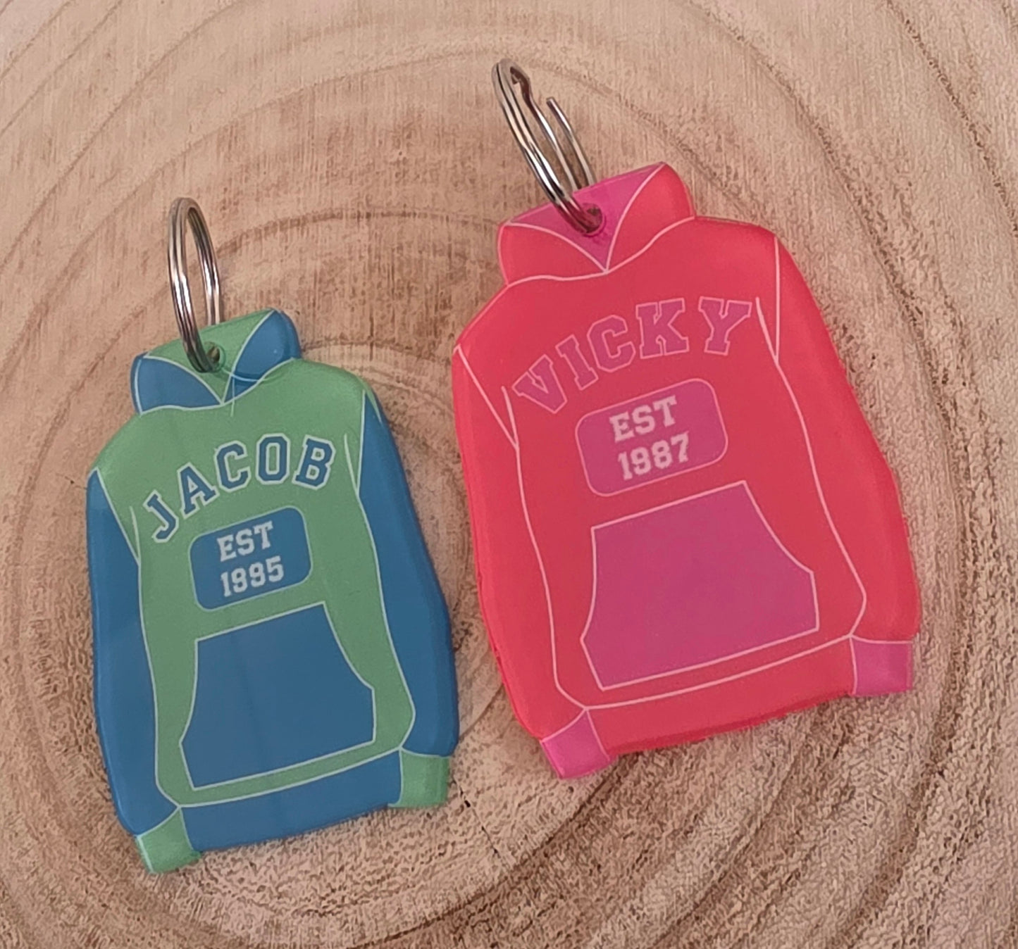 Personalised Birth Year & Name Varsity Style Hoodie Keyring key chain, any name, year