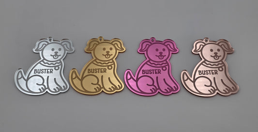 Personalised Dog Bauble, Engraved Pet Christmas Decoration, Mirror Acrylic Ornament in Silver, Gold, Rose Gold or Pink