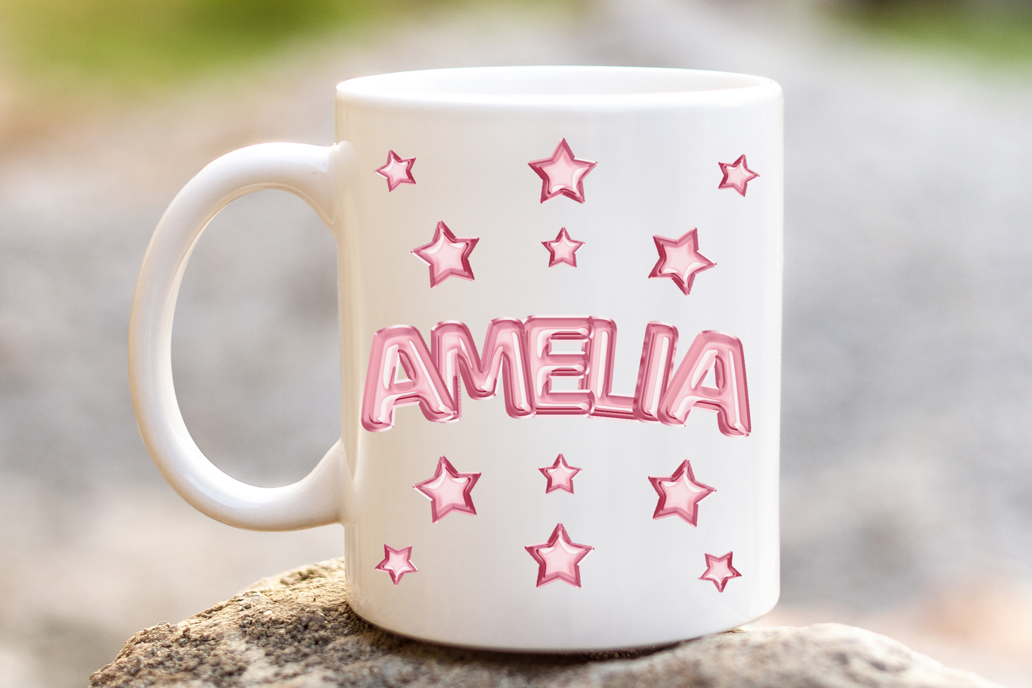 Personalised Balloon Name Mug – 11oz Ceramic Mug with Helium Foil Letter Design – Custom Name Gift – Gold, Pink, Blue, Rose Gold, Rainbow