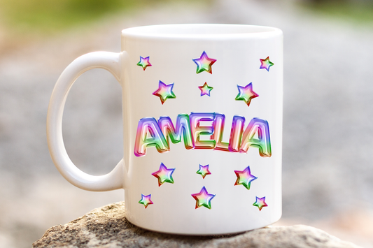 Personalised Balloon Name Mug – 11oz Ceramic Mug with Helium Foil Letter Design – Custom Name Gift – Gold, Pink, Blue, Rose Gold, Rainbow
