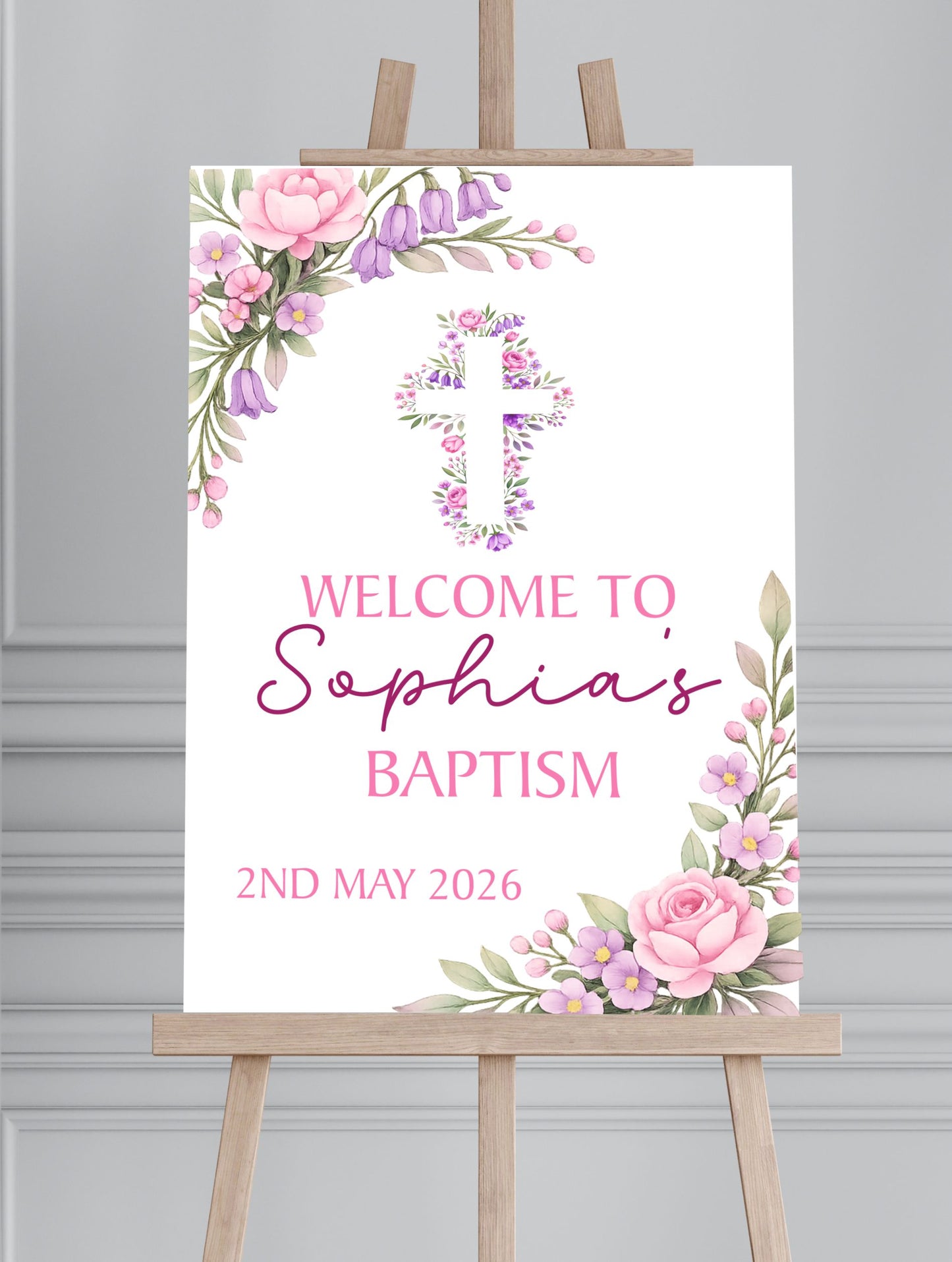 Personalised First Holy Communion/Baptism/Christening Welcome Sign, Custom Communion Board, Pink or Blue Floral Sign, Church Welcome Board, Christening Sign, A5 A4 A3 A2