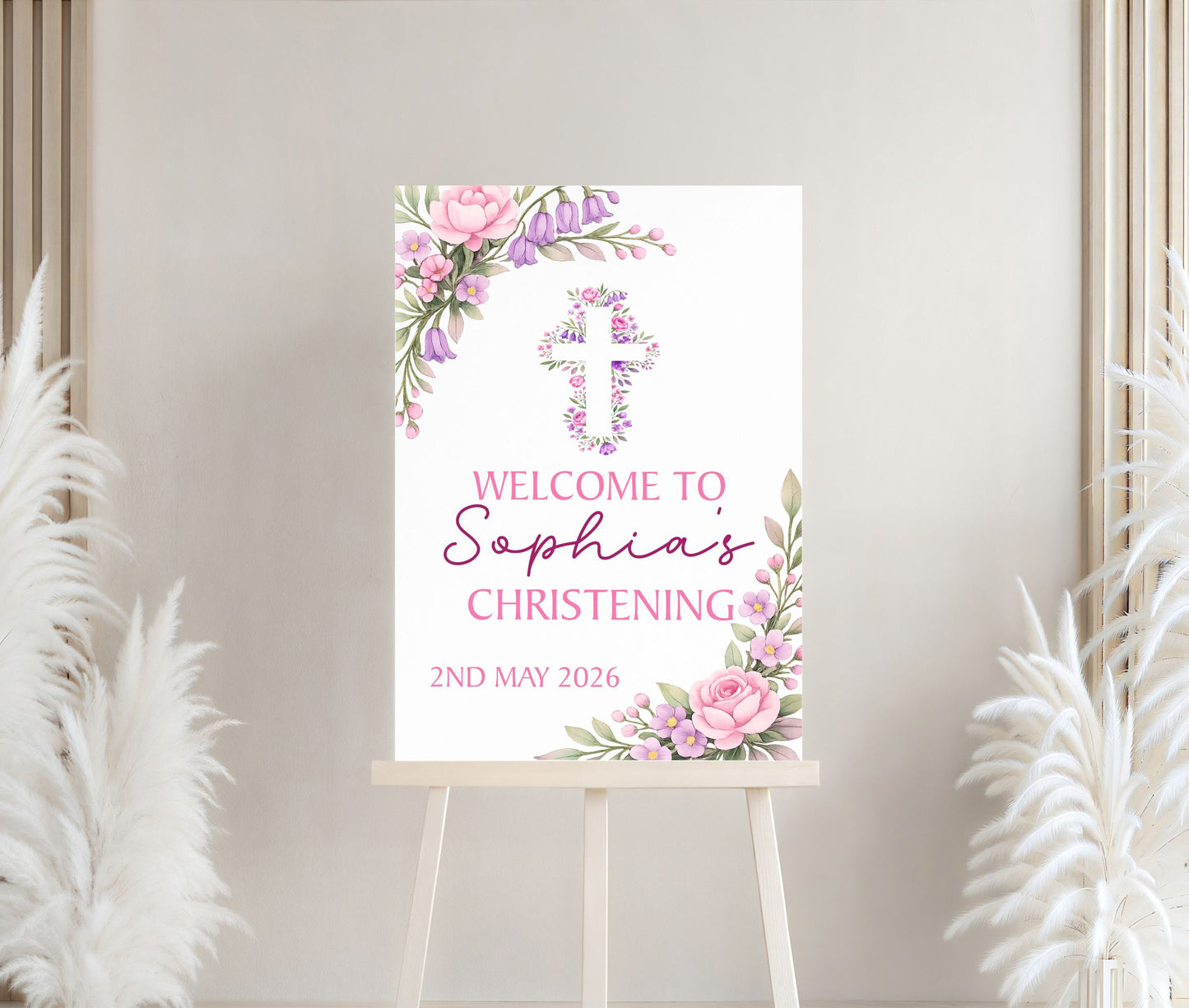 Personalised First Holy Communion/Baptism/Christening Welcome Sign, Custom Communion Board, Pink or Blue Floral Sign, Church Welcome Board, Christening Sign, A5 A4 A3 A2