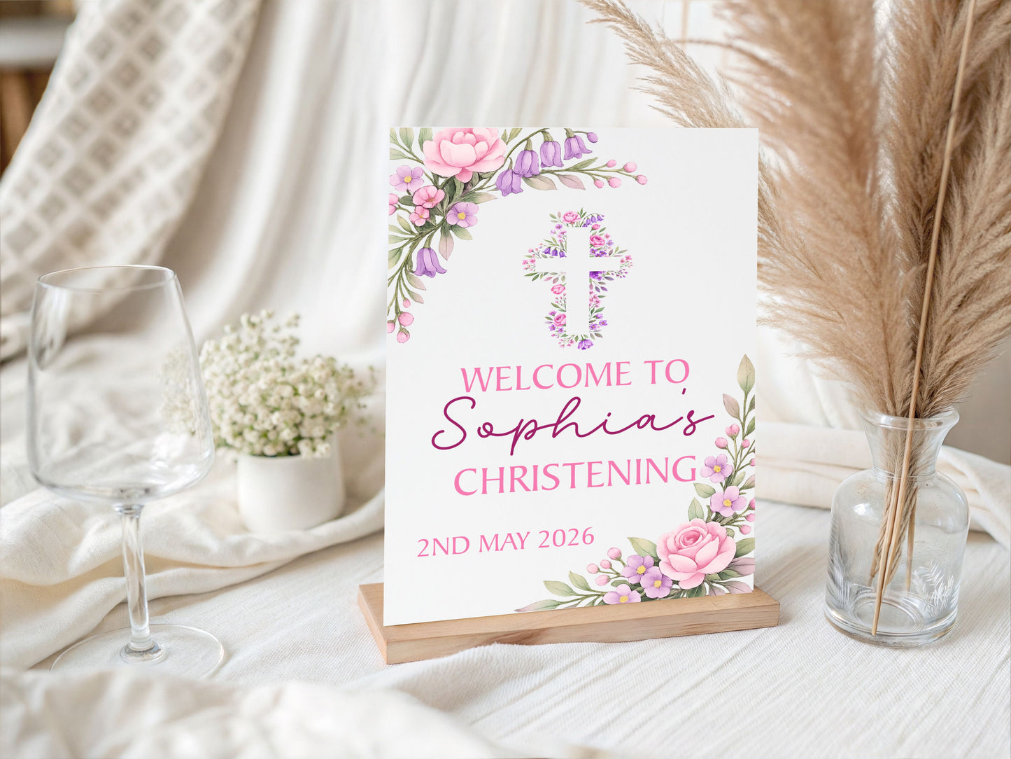 Personalised First Holy Communion/Baptism/Christening Welcome Sign, Custom Communion Board, Pink or Blue Floral Sign, Church Welcome Board, Christening Sign, A5 A4 A3 A2