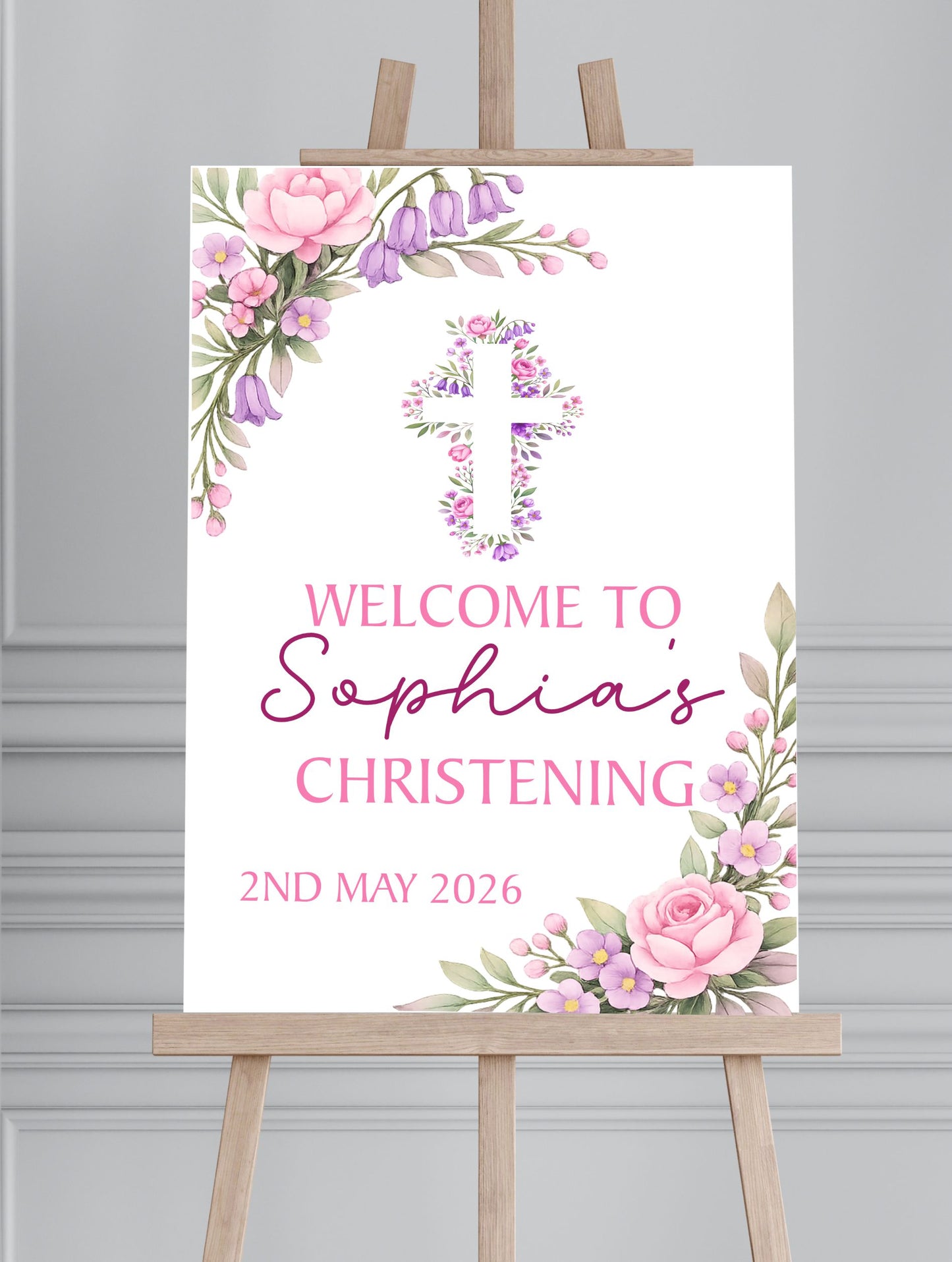 Personalised First Holy Communion/Baptism/Christening Welcome Sign, Custom Communion Board, Pink or Blue Floral Sign, Church Welcome Board, Christening Sign, A5 A4 A3 A2