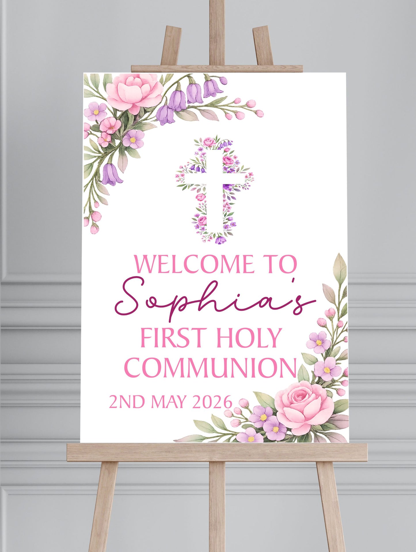 Personalised First Holy Communion/Baptism/Christening Welcome Sign, Custom Communion Board, Pink or Blue Floral Sign, Church Welcome Board, Christening Sign, A5 A4 A3 A2
