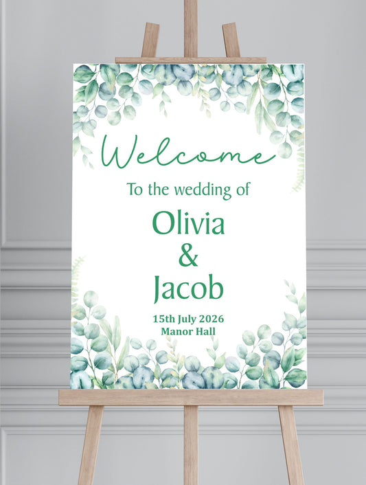 Personalised Eucalyptus Wedding Welcome Sign  Custom Name & Date | Party Entrance Sign