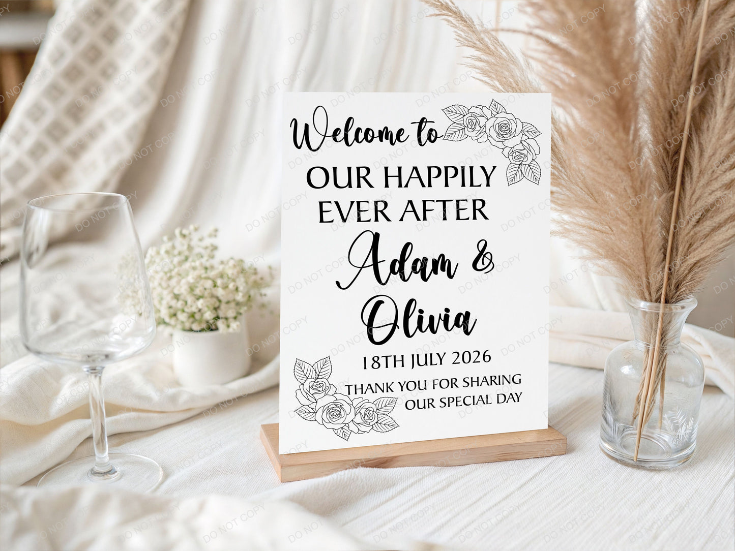 Minimalist Floral Line Art Personalised Wedding Welcome Sign,  Custom Name & Date | Party Entrance Sign