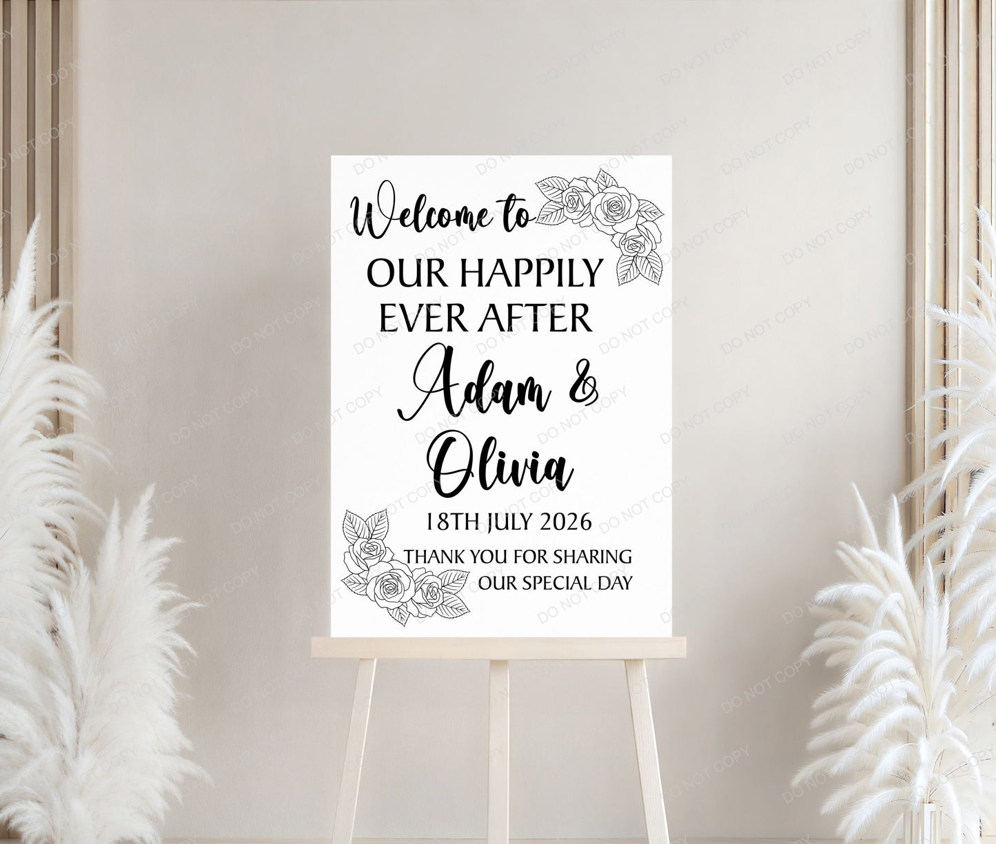 Minimalist Floral Line Art Personalised Wedding Welcome Sign,  Custom Name & Date | Party Entrance Sign