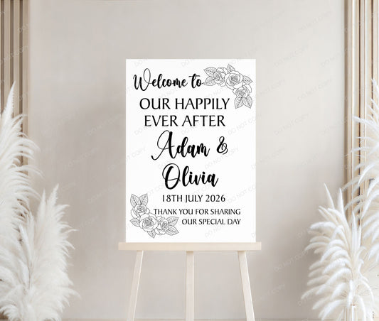 Minimalist Floral Line Art Personalised Wedding Welcome Sign,  Custom Name & Date | Party Entrance Sign