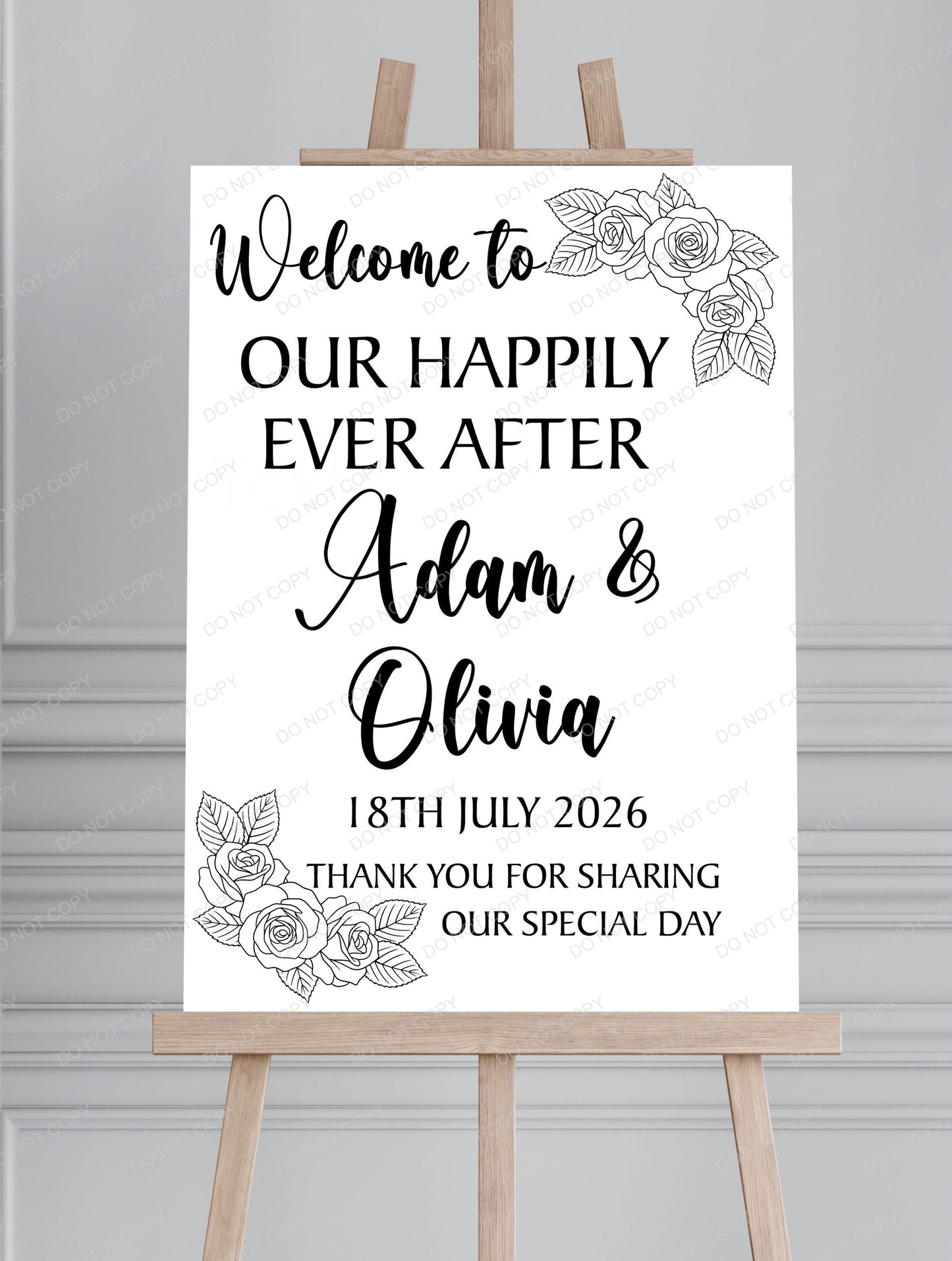 Minimalist Floral Line Art Personalised Wedding Welcome Sign,  Custom Name & Date | Party Entrance Sign