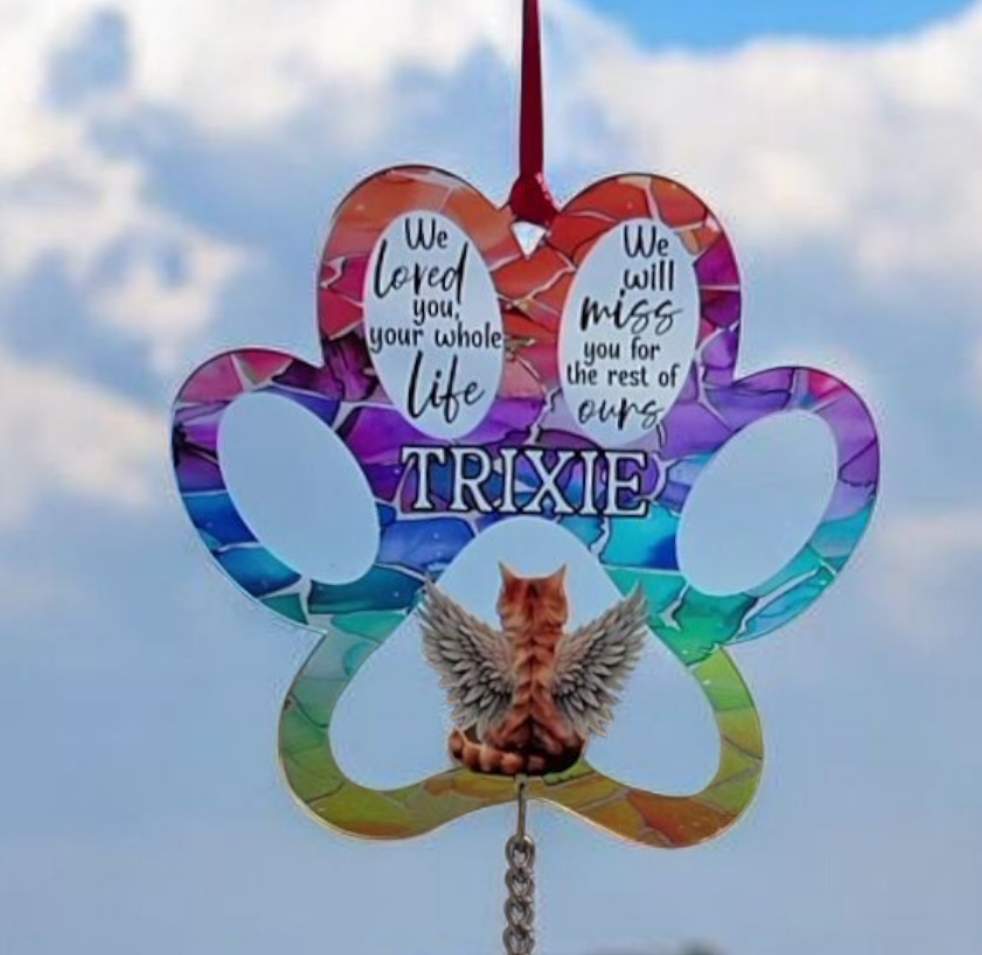 Stained Glass Effect Cat Memorial Suncatcher | Personalised Pet Loss Gift | Rainbow Bridge Remembrance | Hanging Paw Charm | Multiple Cats available
