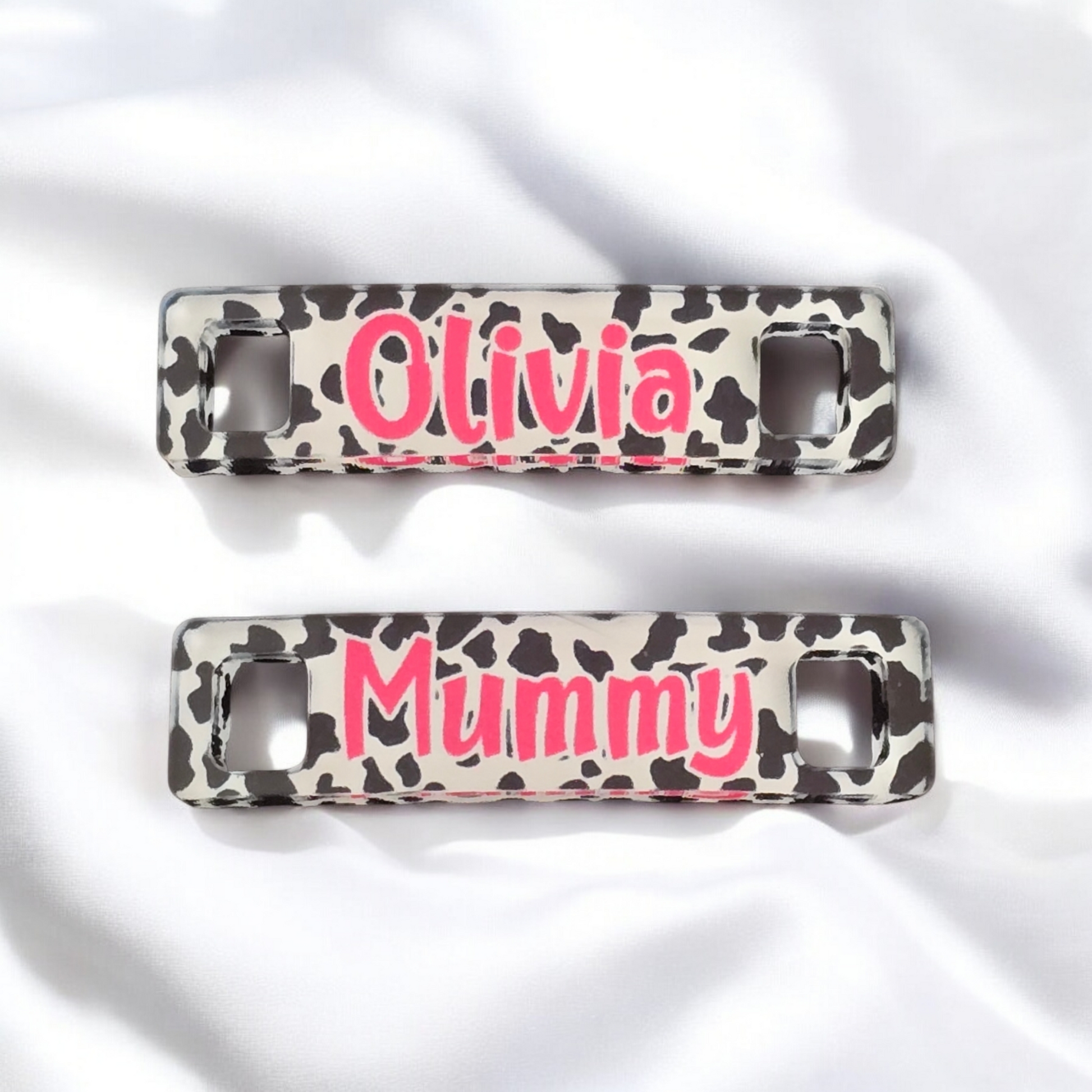 Trainer Tags Pair, Show Tags, Full Colour, Personalised with any name, Cow Print, Runner Tags, Sneaker Tags - Thistle Barn Creations
