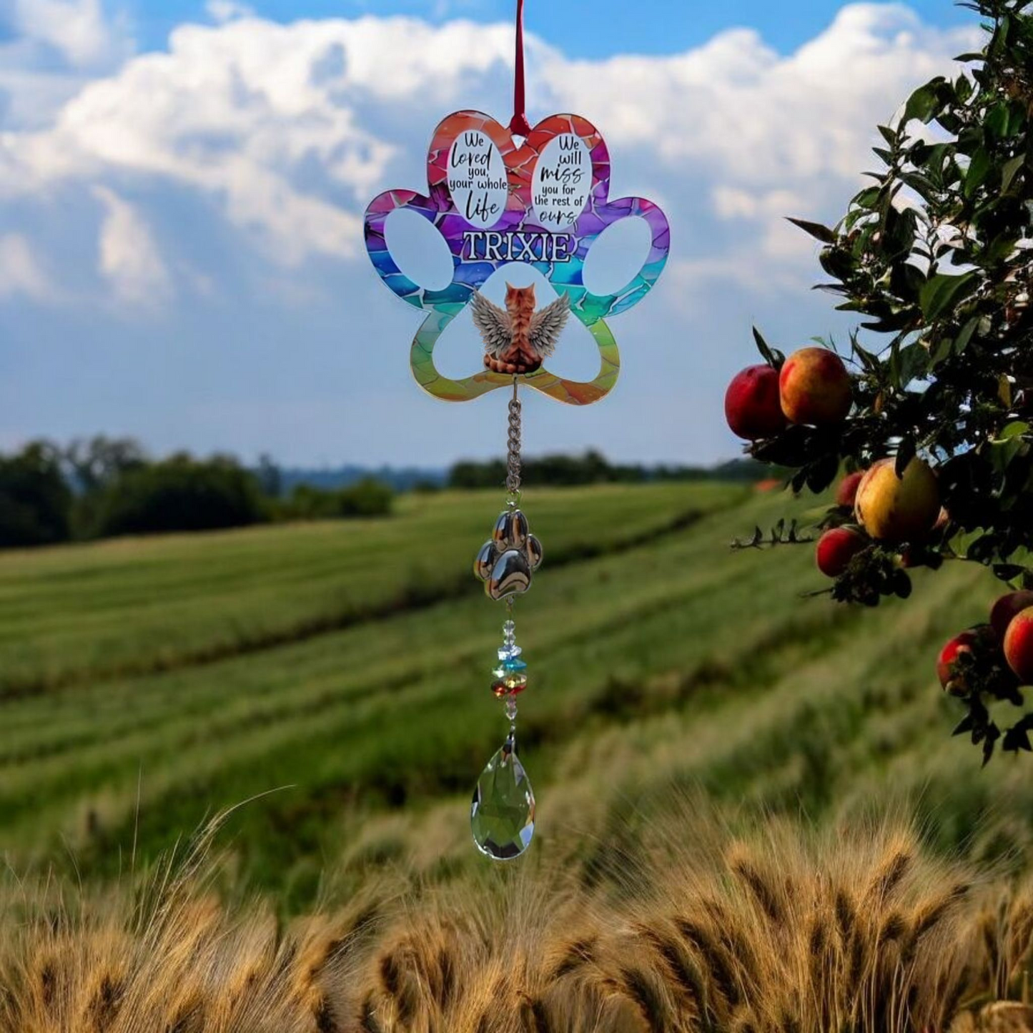 Stained Glass Effect Cat Memorial Suncatcher | Personalised Pet Loss Gift | Rainbow Bridge Remembrance | Hanging Paw Charm | Multiple Cats available