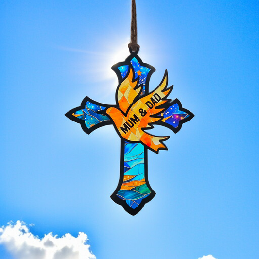 Personalised Stained Glass Effect Cross & Dove Acrylic Decoration, Christian Gift, Memorial, Baptism, Christening Keepsake
