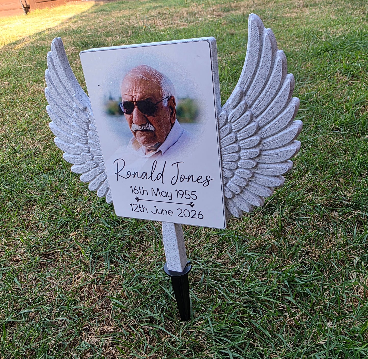 Custom Memorial Grave Marker | Personalised Photo Graveside Plaque | Angel Wings Garden Memorial | Cemetery Decoration