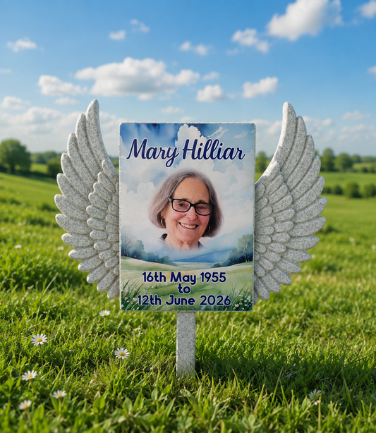 Custom Memorial Grave Marker | Personalised Photo Graveside Plaque | Angel Wings Garden Memorial | Cemetery Decoration