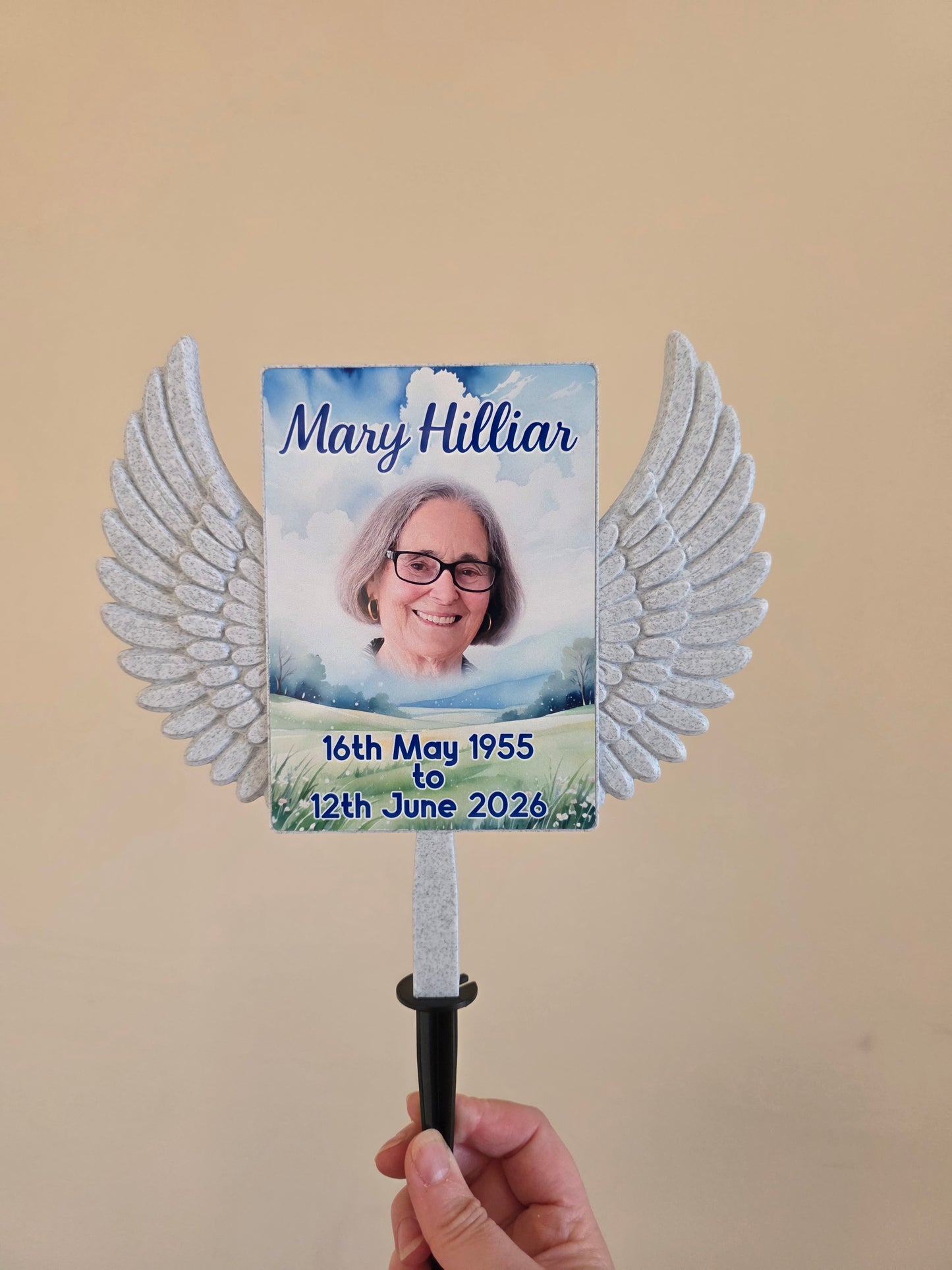 Custom Memorial Grave Marker | Personalised Photo Graveside Plaque | Angel Wings Garden Memorial | Cemetery Decoration