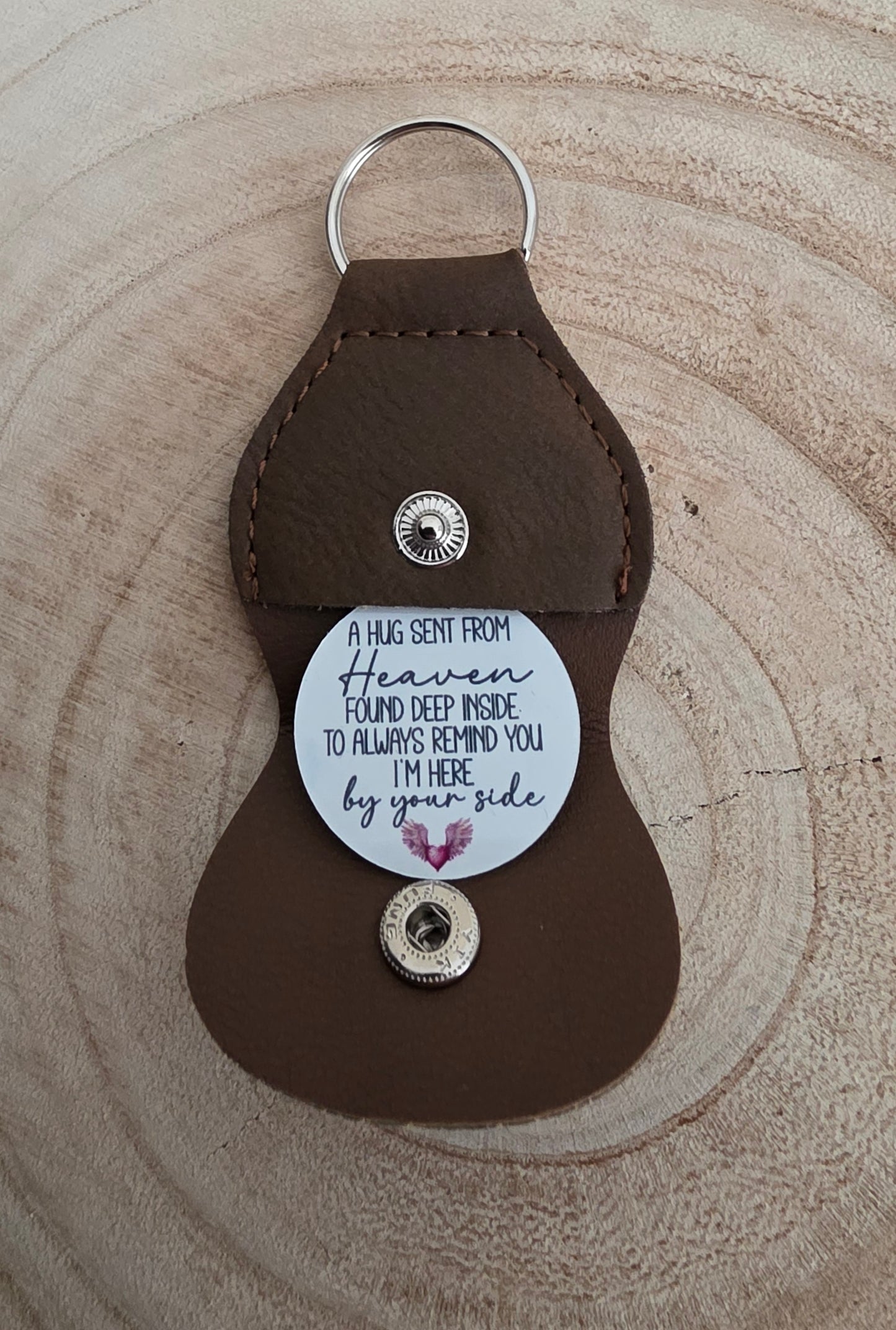 Pocket Hug Leather Keyring with Photo Disc, Memorial Gift with Message from a Loved One in Heaven