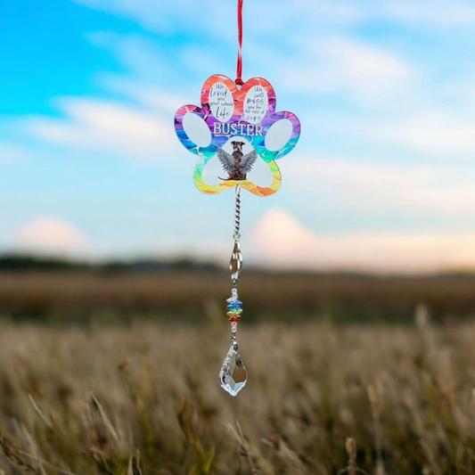 Stained Glass Effect Dog Memorial Suncatcher | Personalised Pet Loss Gift | Rainbow Bridge Remembrance | Hanging Paw Charm | Multiple Breeds