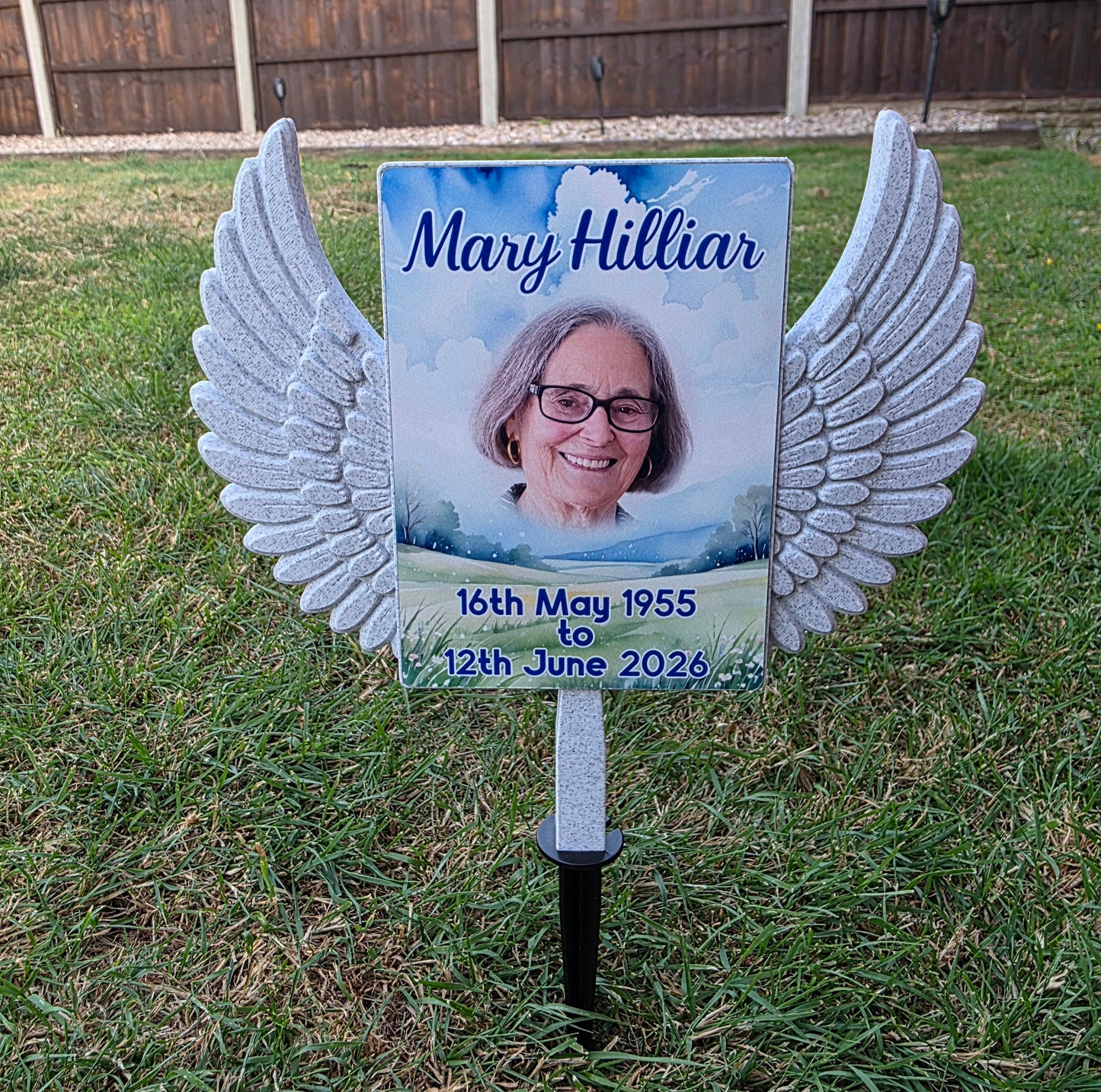 Custom Memorial Grave Marker | Personalised Photo Graveside Plaque | Angel Wings Garden Memorial | Cemetery Decoration