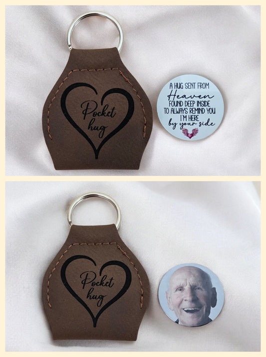 Pocket Hug Leather Keyring with Photo Disc, Memorial Gift with Message from a Loved One in Heaven