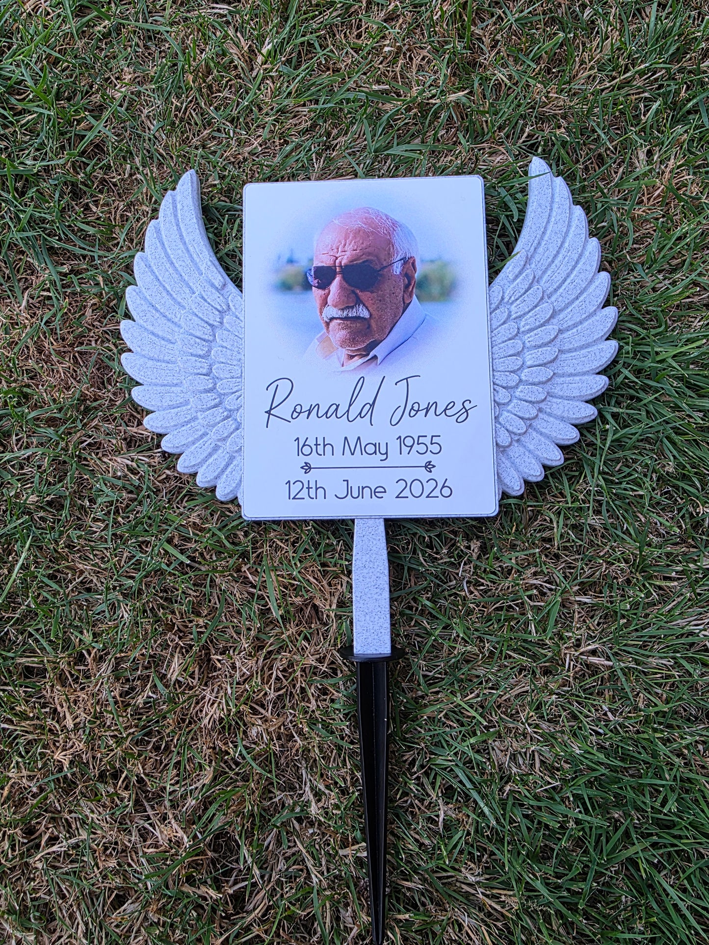Custom Memorial Grave Marker | Personalised Photo Graveside Plaque | Angel Wings Garden Memorial | Cemetery Decoration