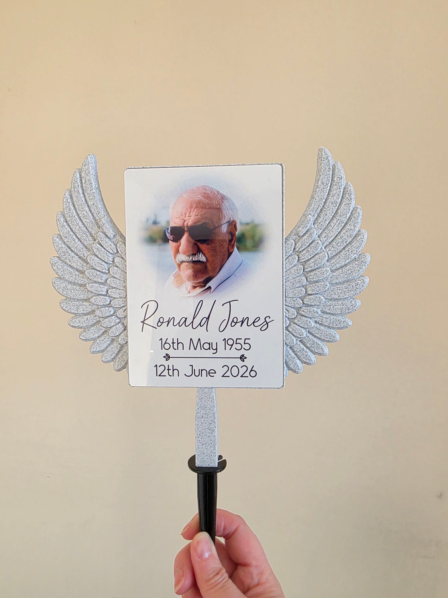 Custom Memorial Grave Marker | Personalised Photo Graveside Plaque | Angel Wings Garden Memorial | Cemetery Decoration