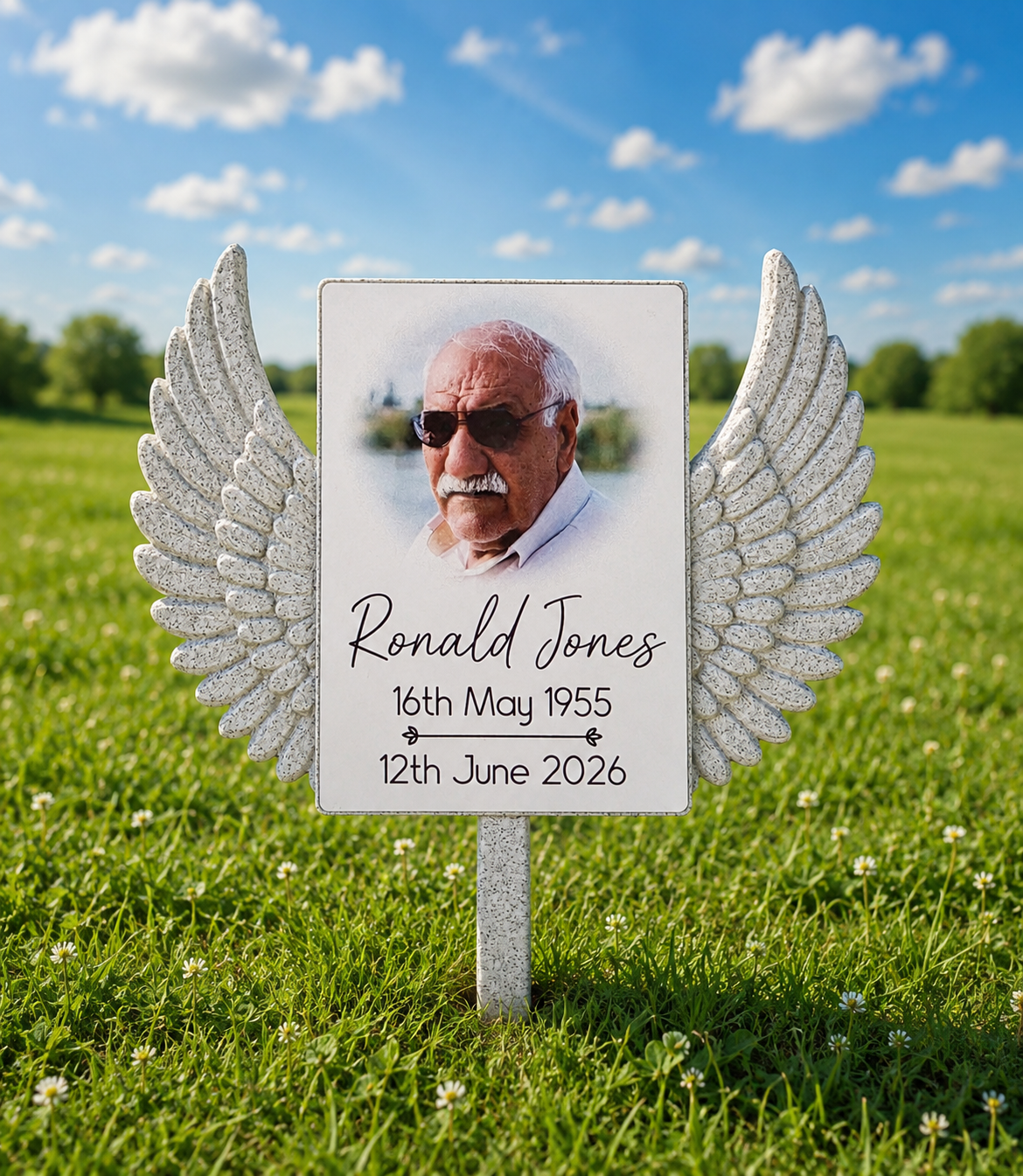 Custom Memorial Grave Marker | Personalised Photo Graveside Plaque | Angel Wings Garden Memorial | Cemetery Decoration