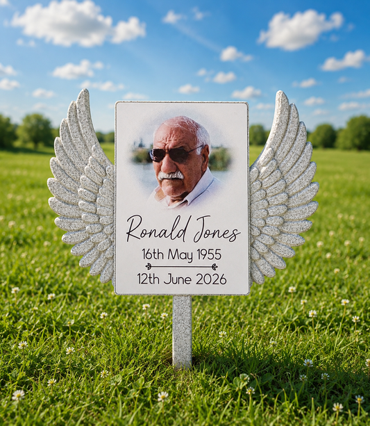 Custom Memorial Grave Marker | Personalised Photo Graveside Plaque | Angel Wings Garden Memorial | Cemetery Decoration
