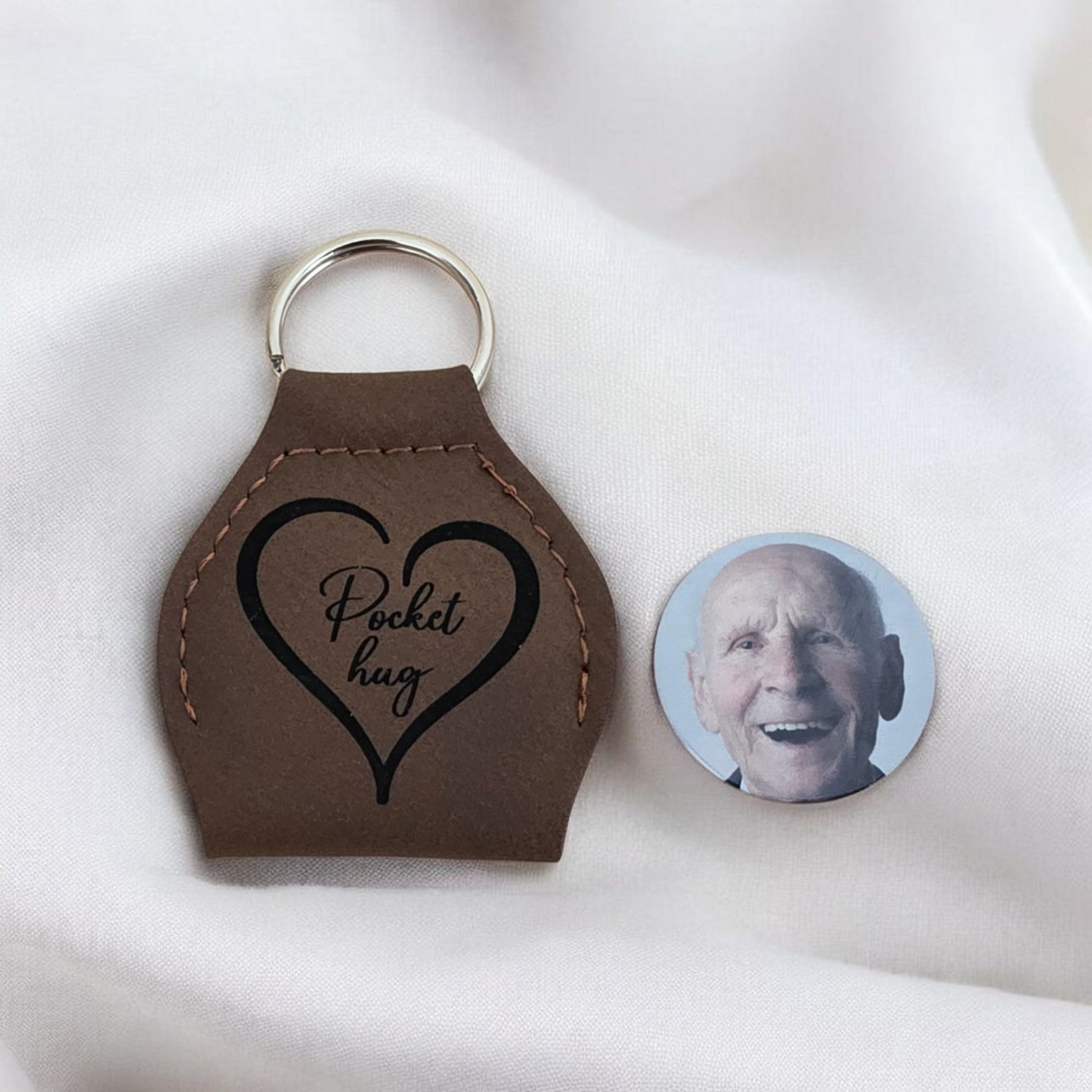 Pocket Hug Leather Keyring with Photo Disc, Memorial Gift with Message from a Loved One in Heaven