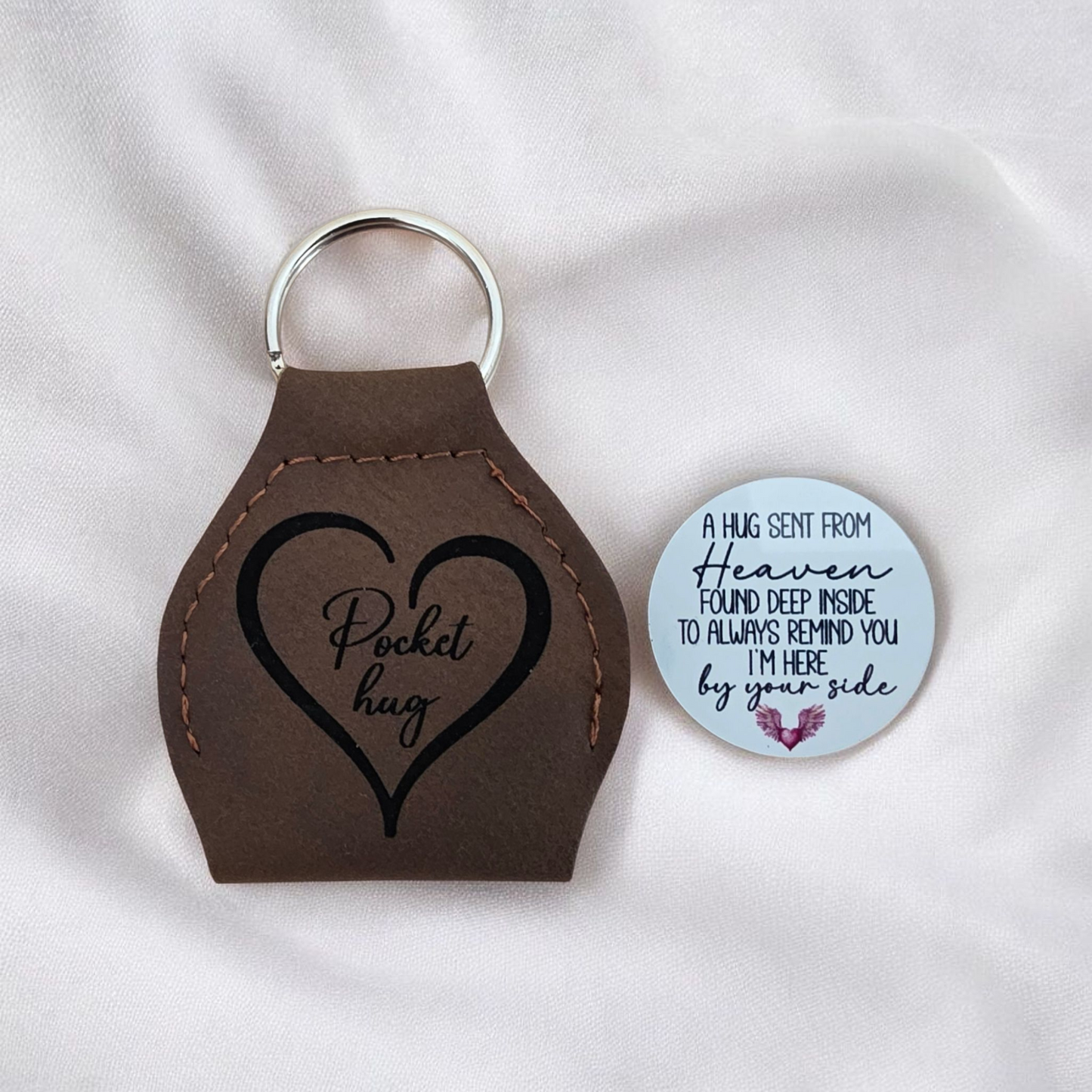 Pocket Hug Leather Keyring with Photo Disc, Memorial Gift with Message from a Loved One in Heaven