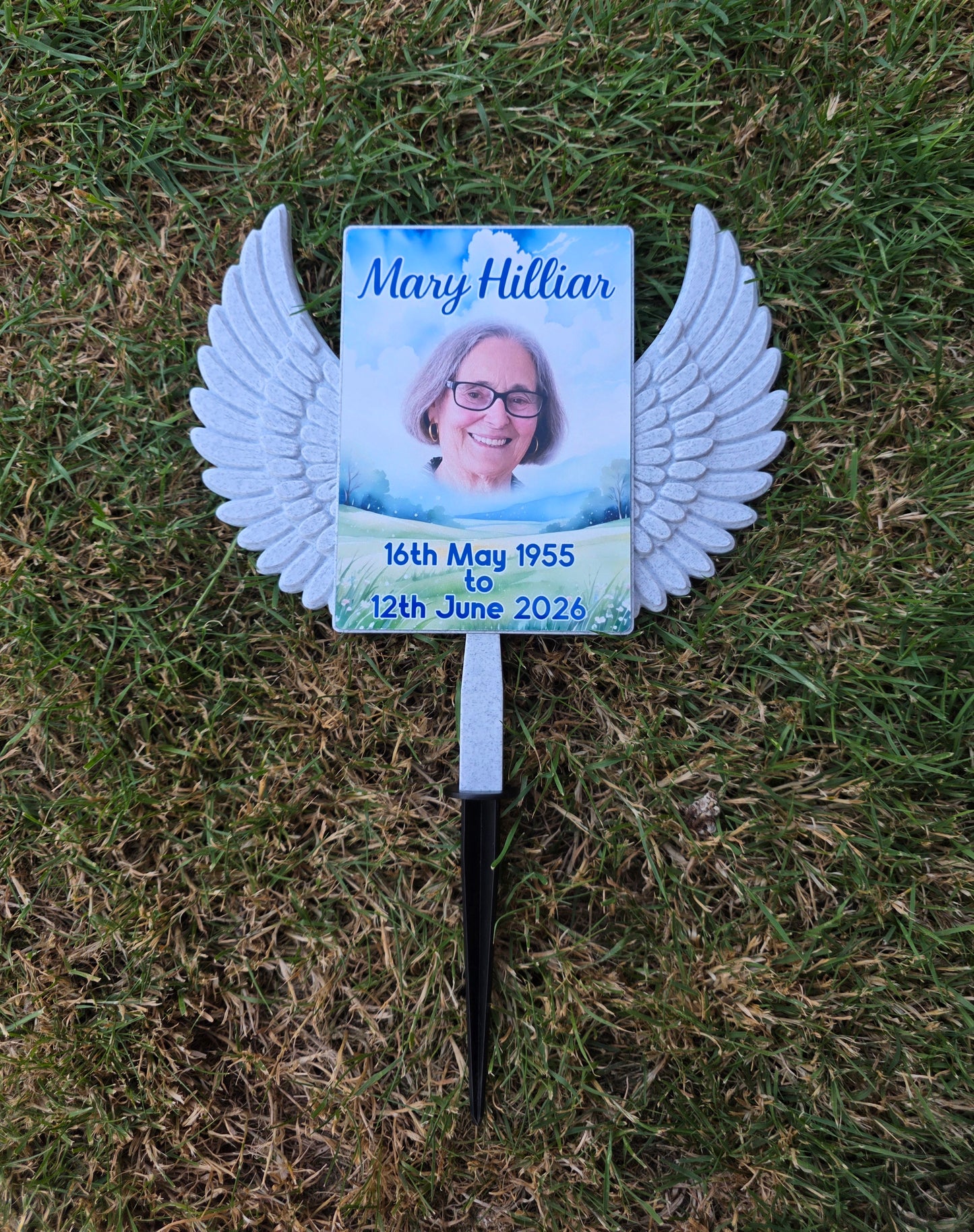 Custom Memorial Grave Marker | Personalised Photo Graveside Plaque | Angel Wings Garden Memorial | Cemetery Decoration